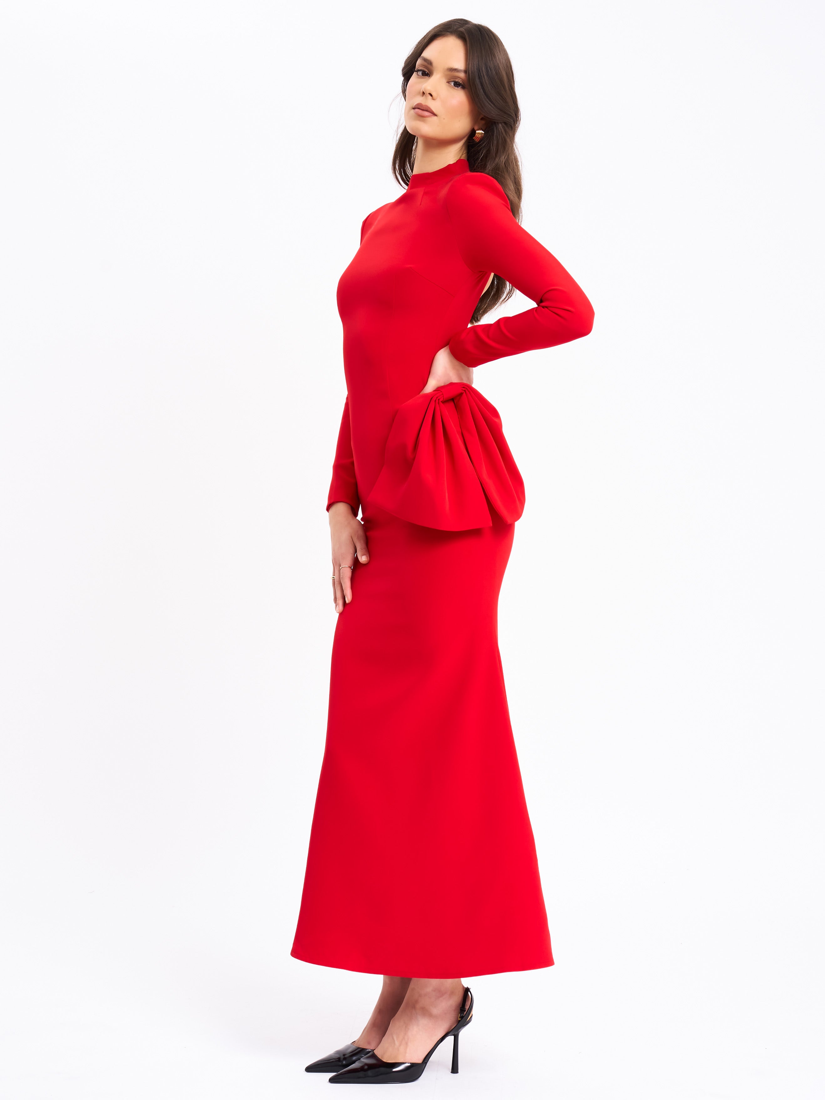 Radha Red Backless Longsleeve Maxi Dress with Bow