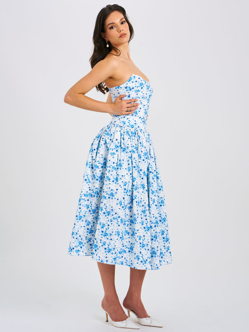 Paloma Blue Print Linen Corset Draping Top Midi Dress