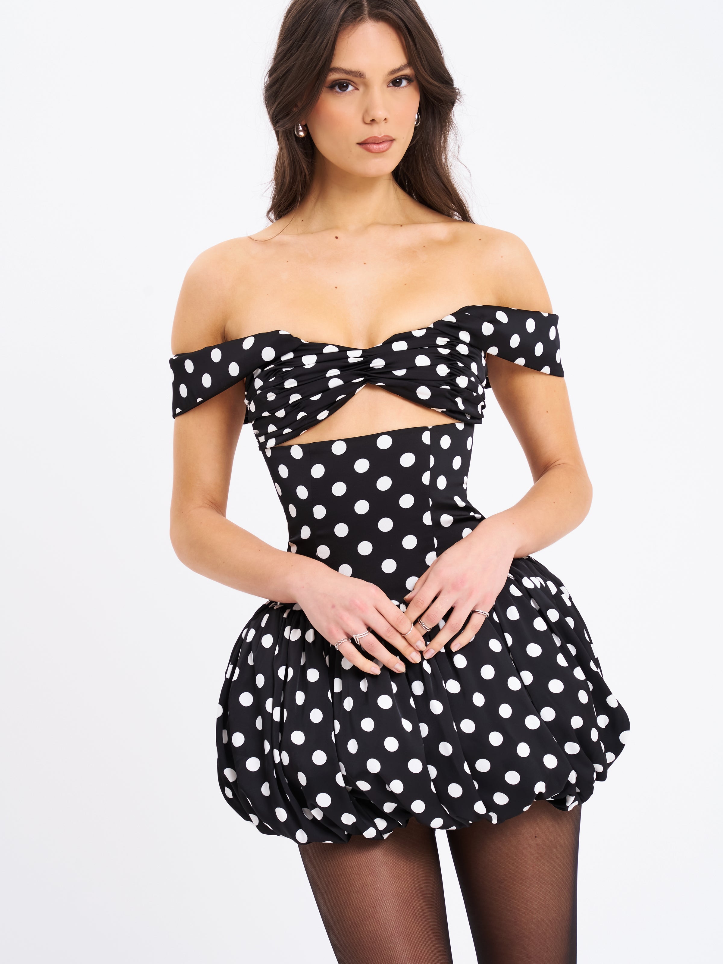 Bambi Ruched Mini Dress Polka Dot Black