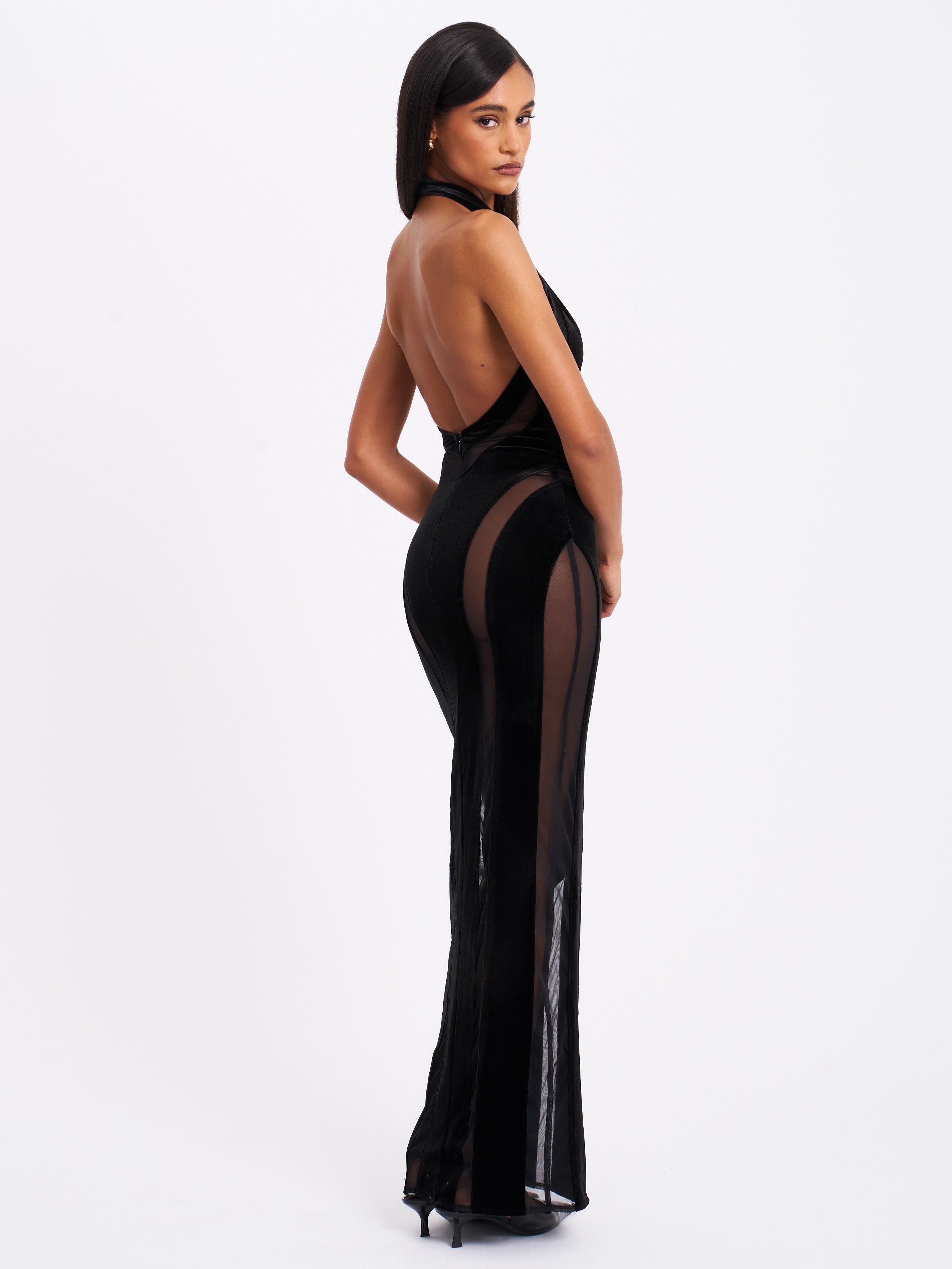 Paityn Black Velvet Mesh Cutout Halter Gown