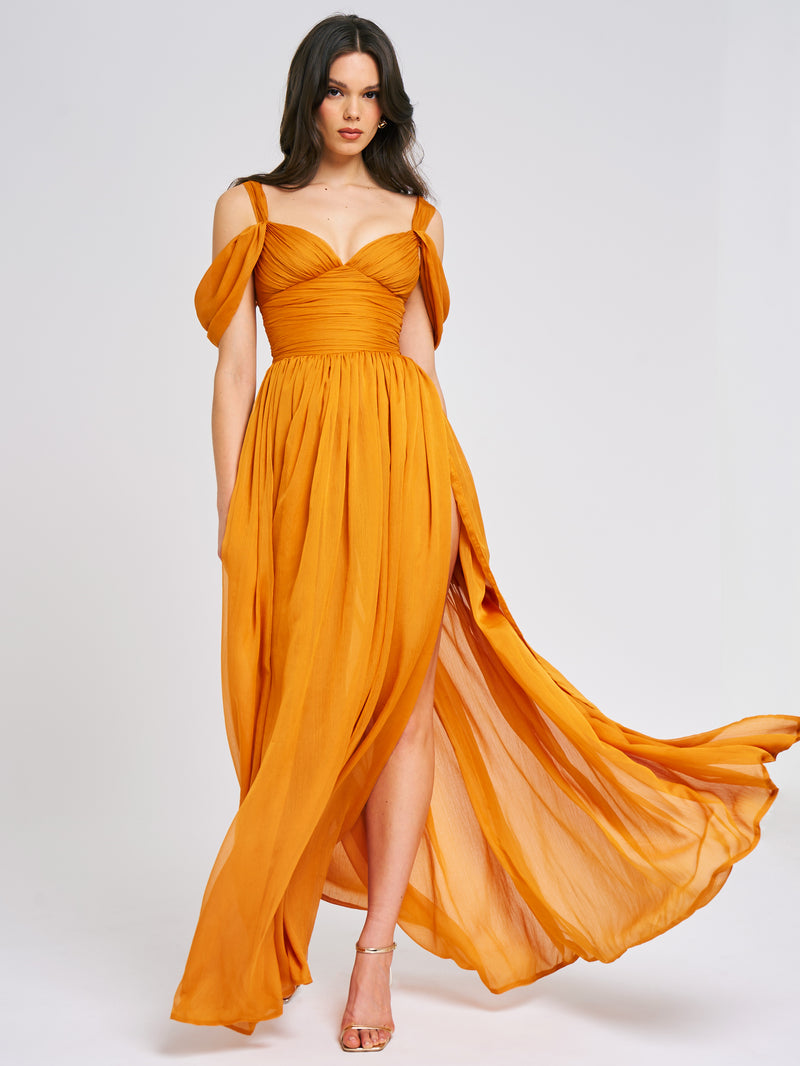 Jelani Layered Mesh High-Slit Drape Maxi Dress