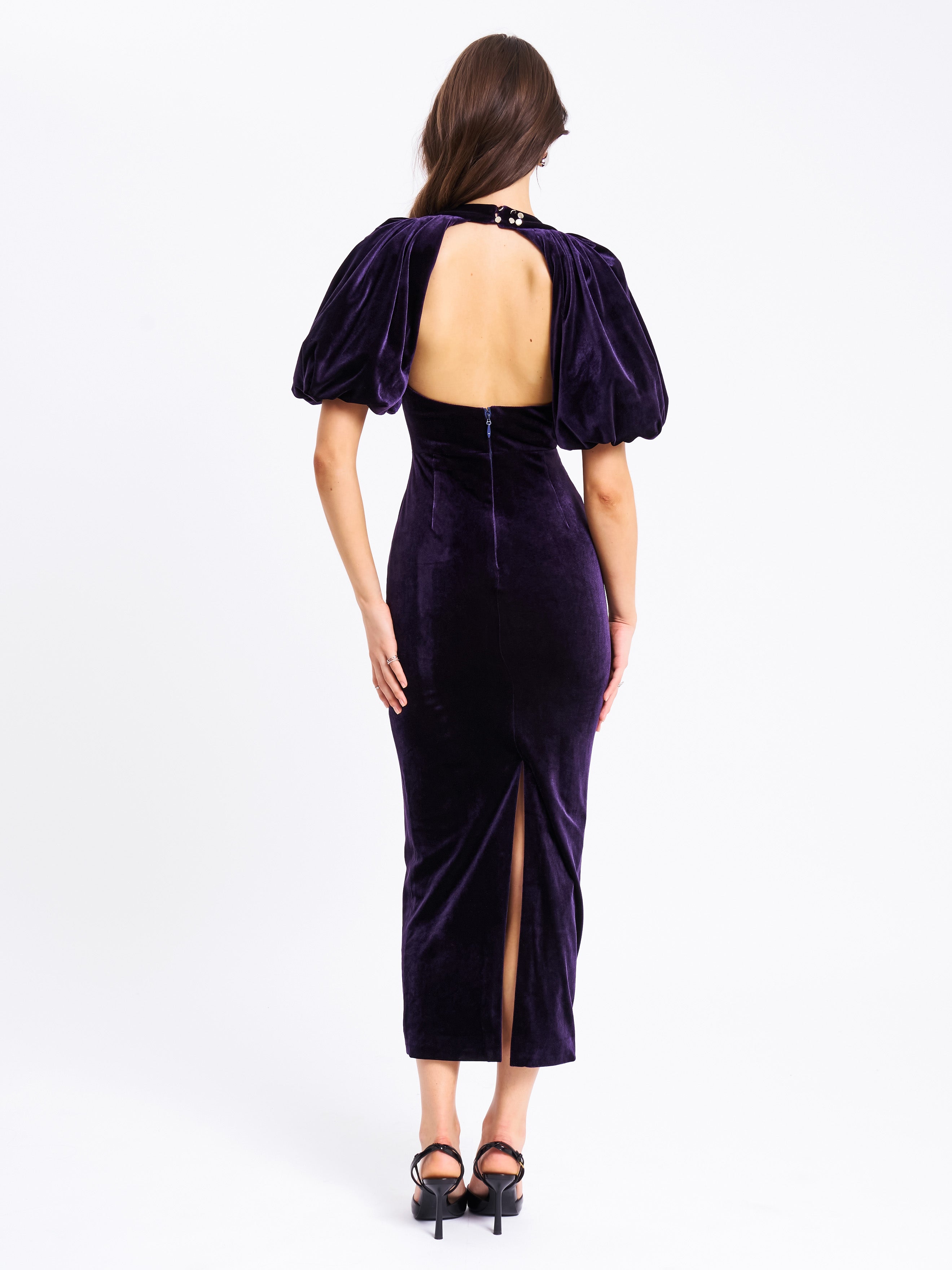 Coraline Purple Velvet Bubble Sleeve Backless Maxi Dress