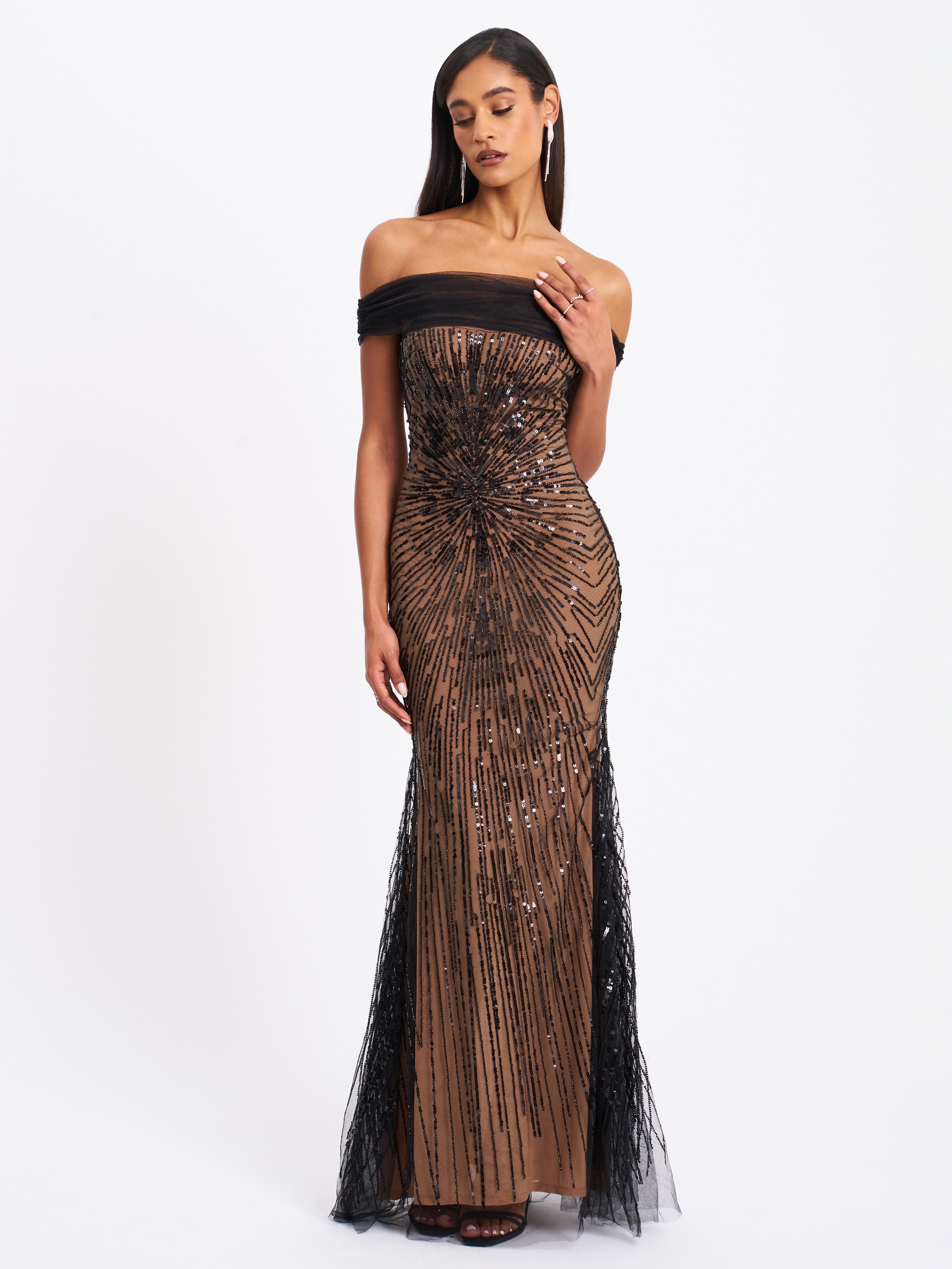 Qeturah Embroidered Sequin Off Shoulder Mesh Gown