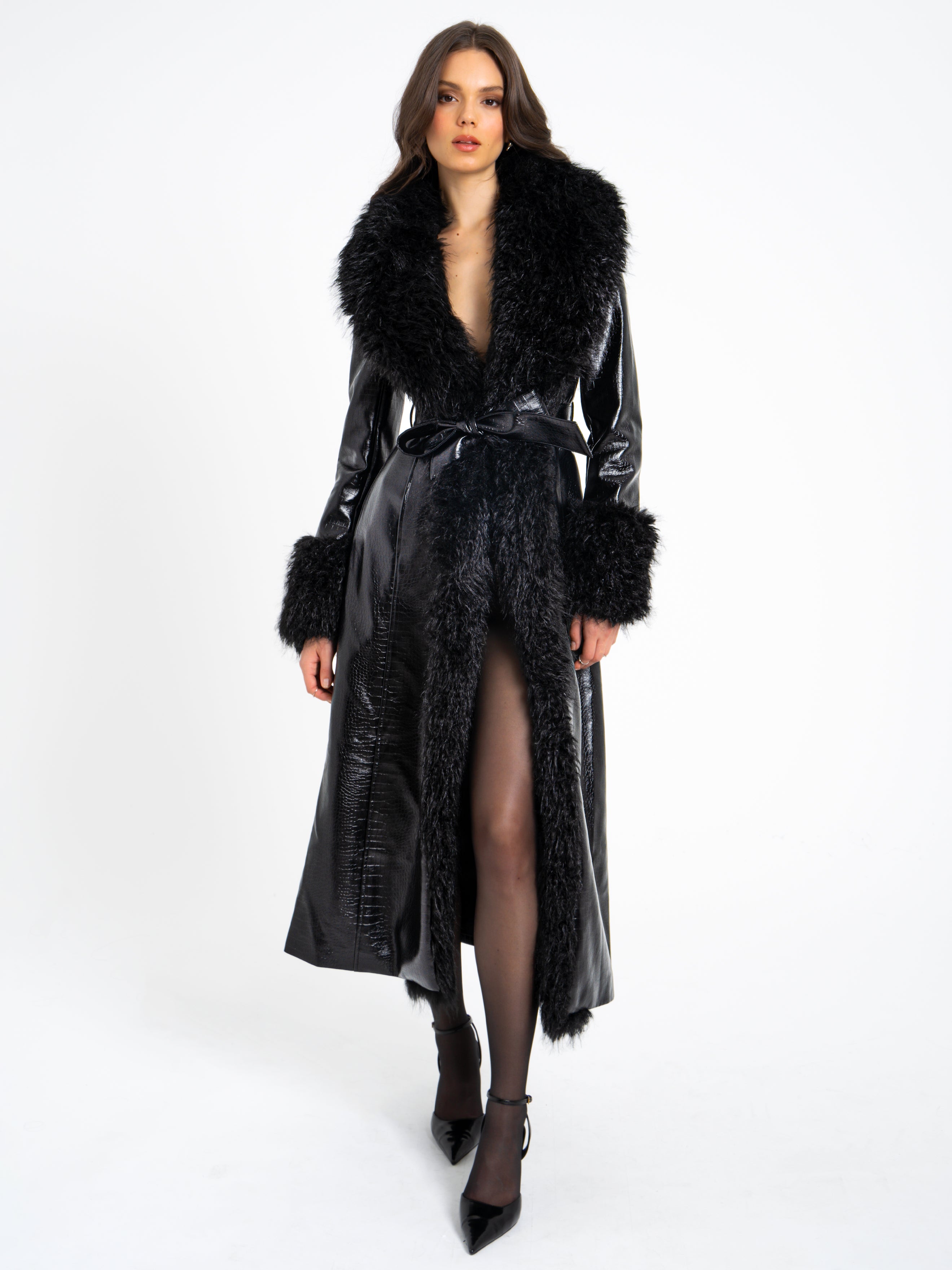 Zella Black Fur Trim Vegan Croc Leather Coat