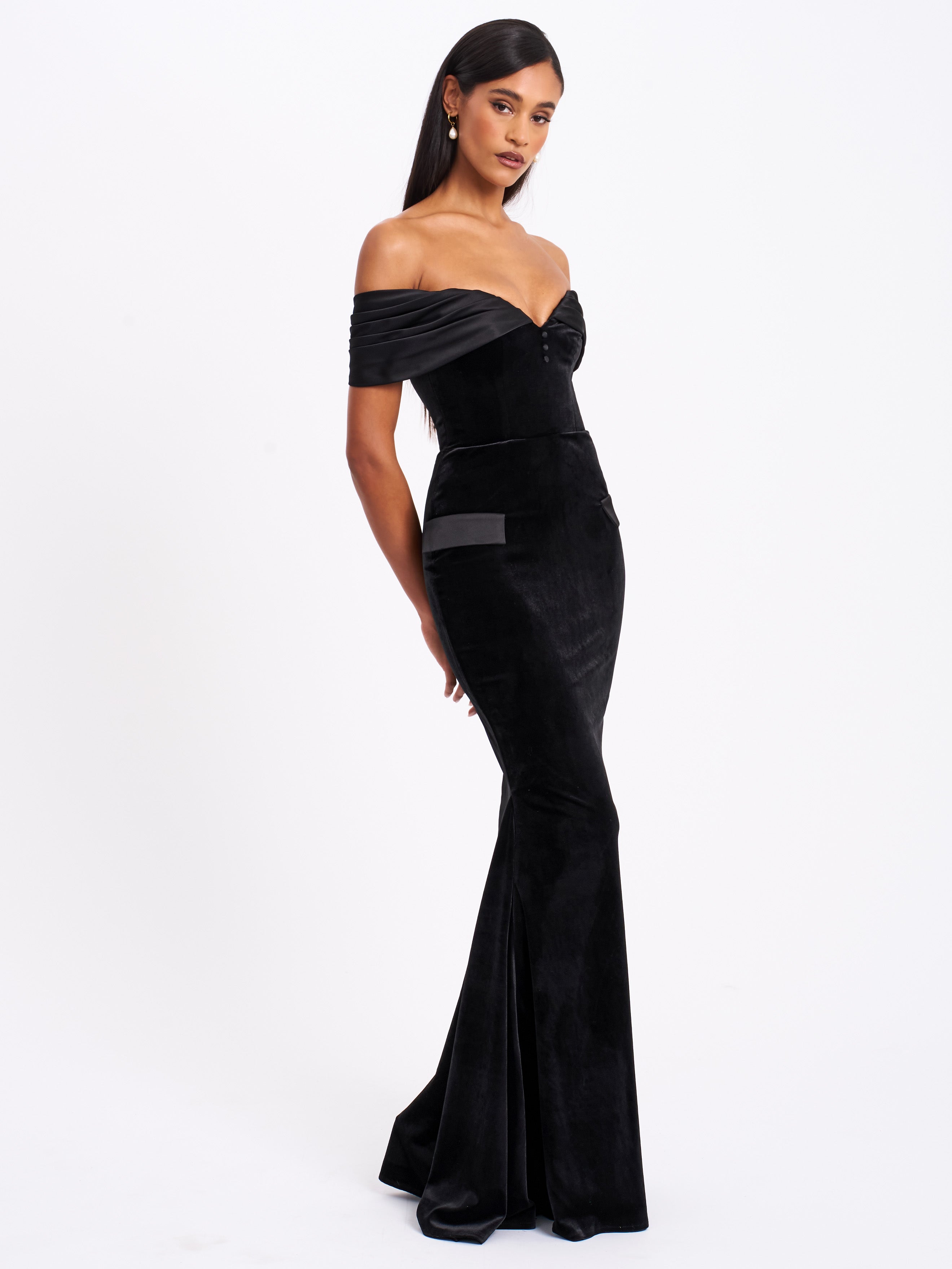 Qamra Black Velvet Off Shoulder Mermaid Maxi Dress