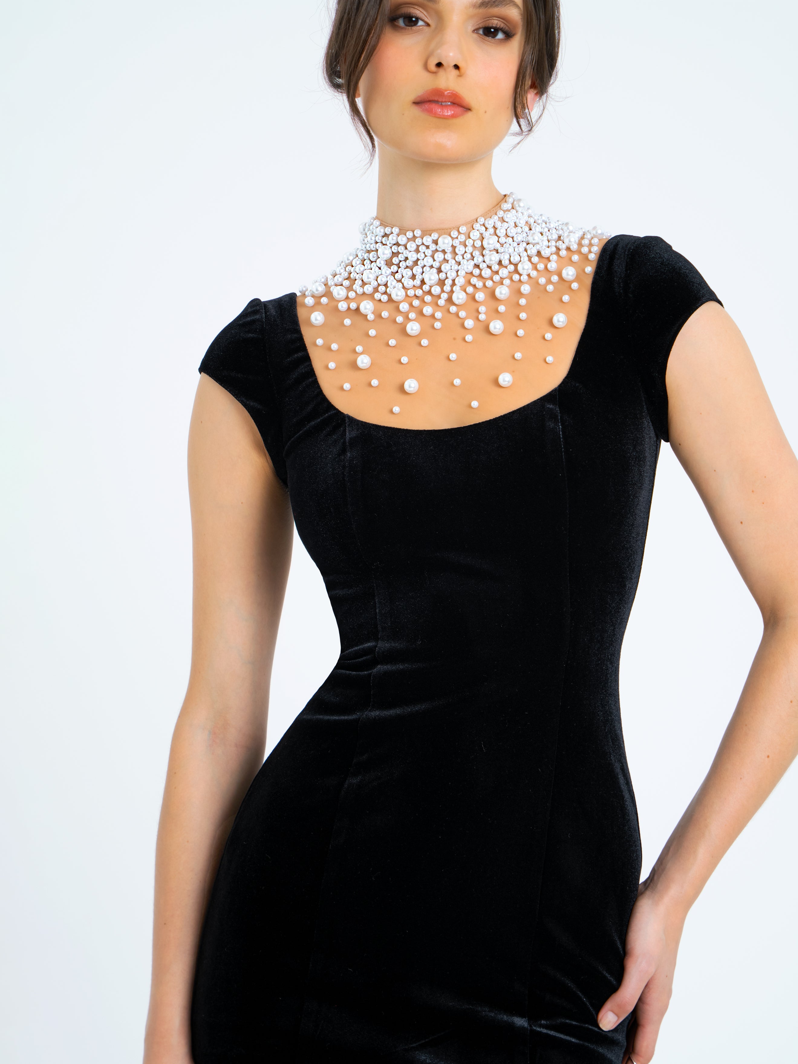 Rachael Black Velvet Pearl Embellished Gown