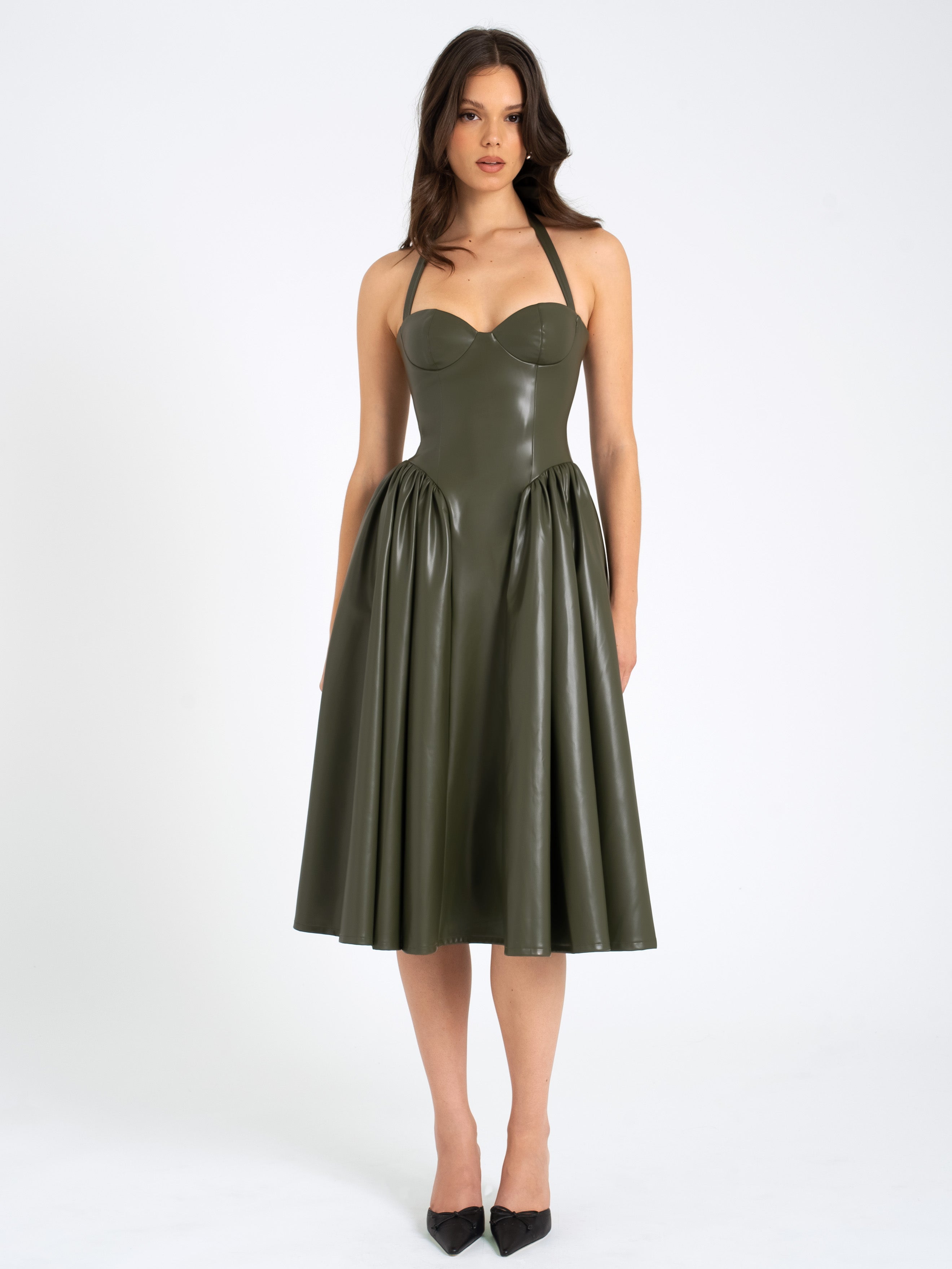 ‘Karlee’ Olive store Green Faux Leather Dress Large