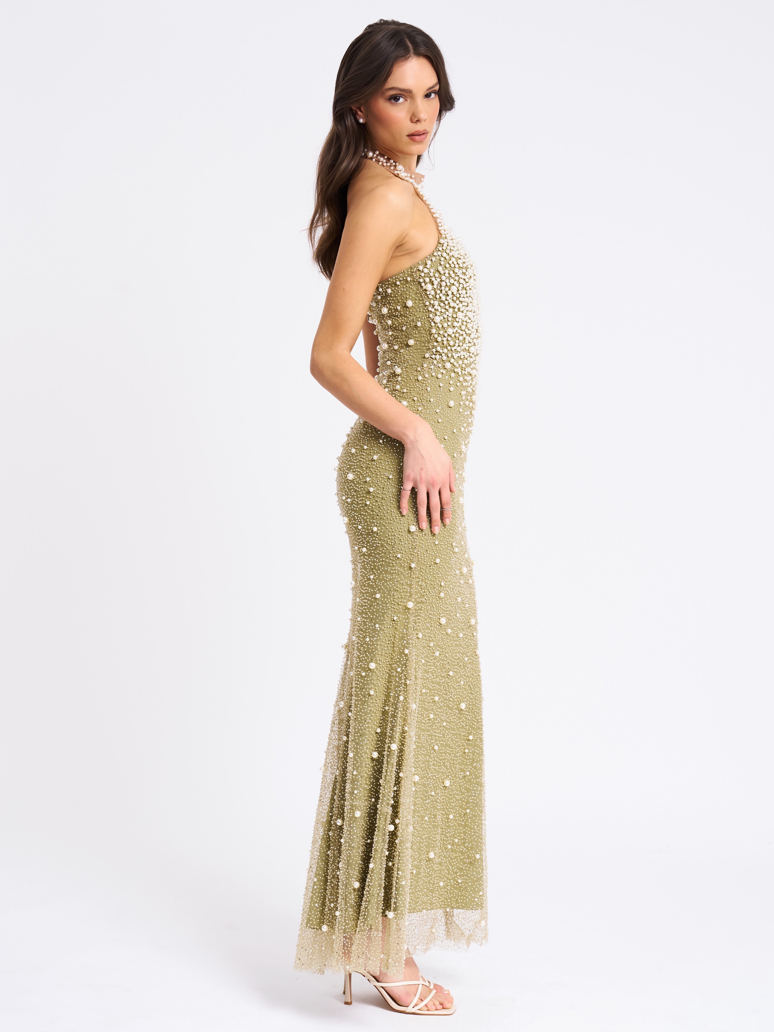 Ginny Pear Green Pearl Embellished Backless Gown