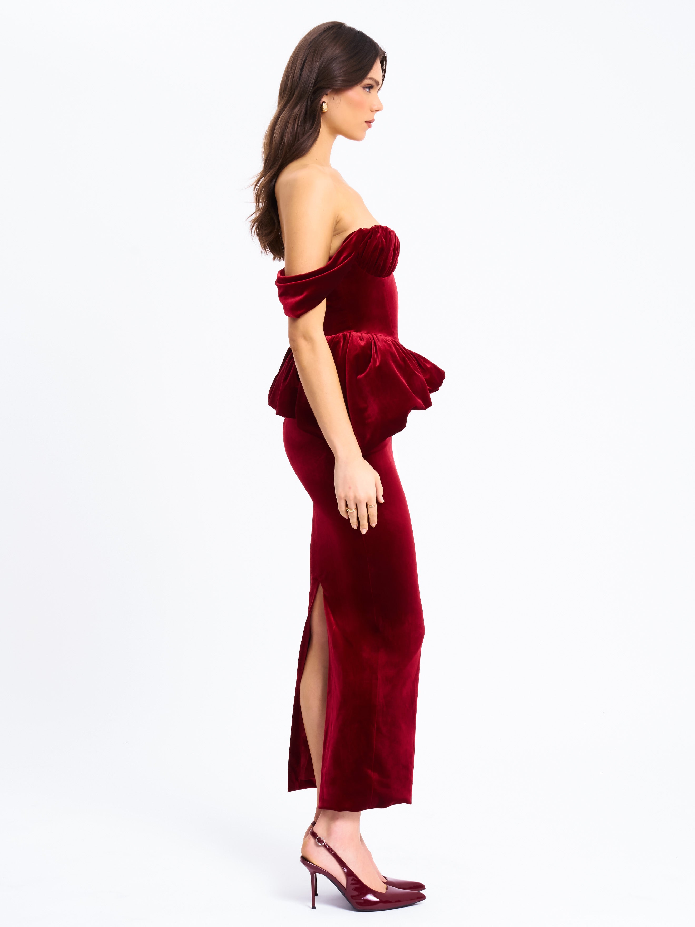 Abigail Velvet Off Shoulder Bubble Hem Peplum Maxi Dress