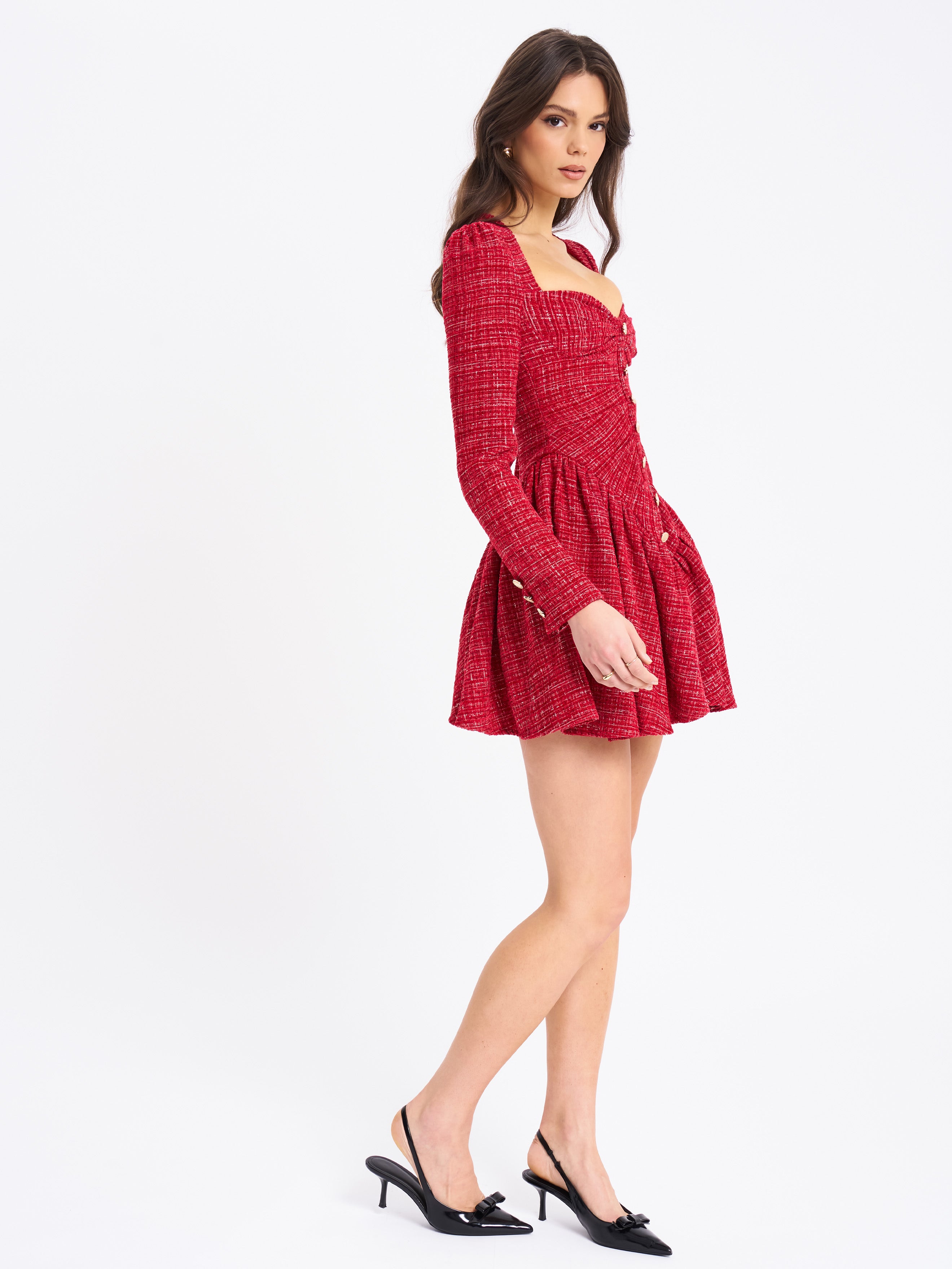 Tae Red Tweed Long Sleeve Drop Waist Mini Dress