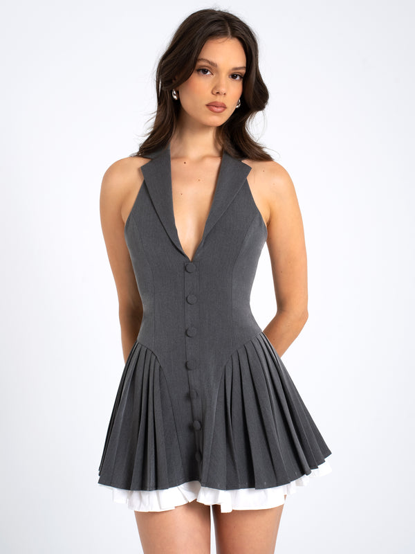 Hazel Grey Preppy Halter Neck Pleated Mini Dress