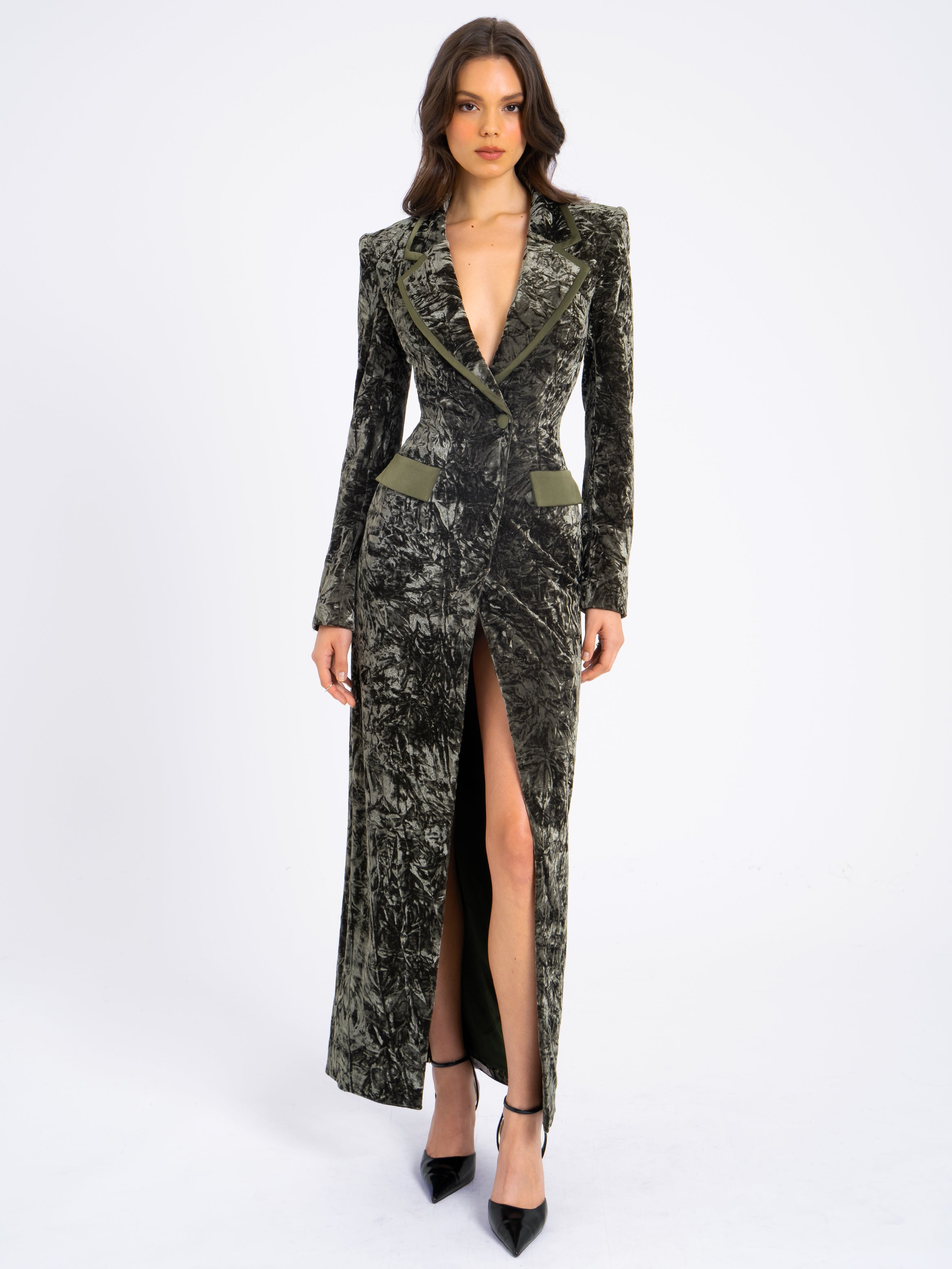 Willow Green Glossy Velvet High Slit Blazer Gown