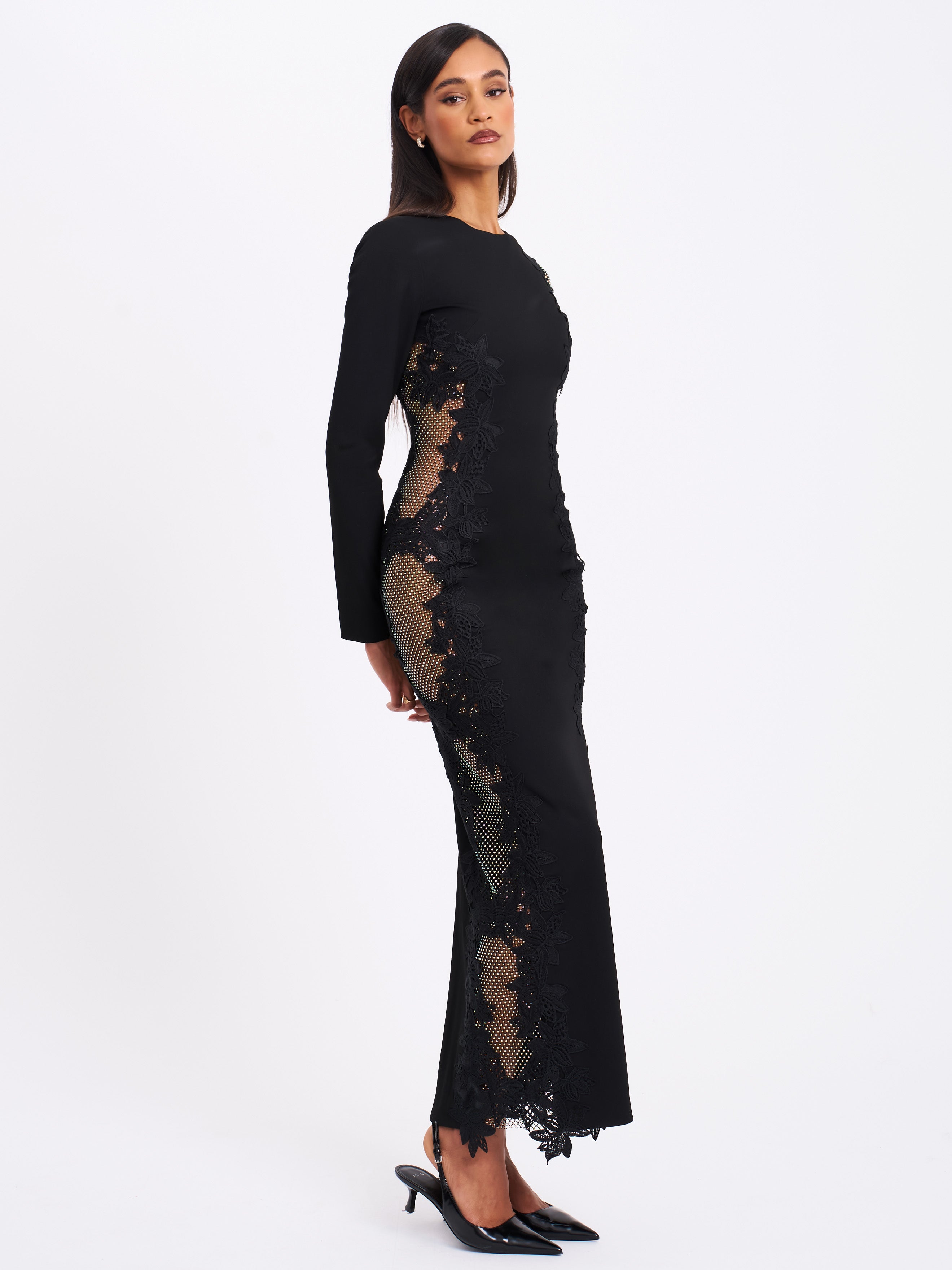 Bailey Lace Trim Crystal Net Cutout Long Sleeve Gown