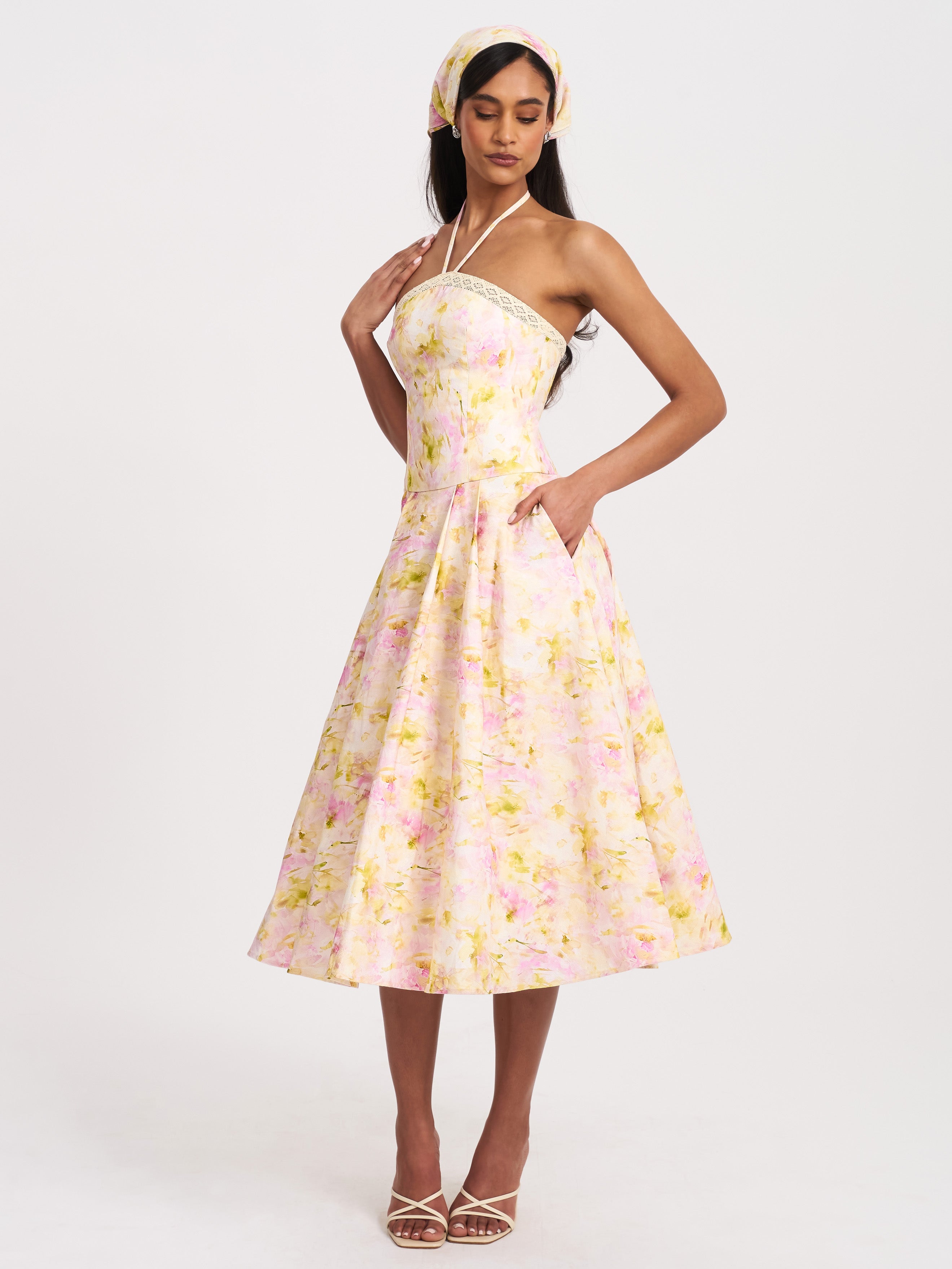 Zaina Yellow Pink Floral Print Lace Trim Linen Midi Dress