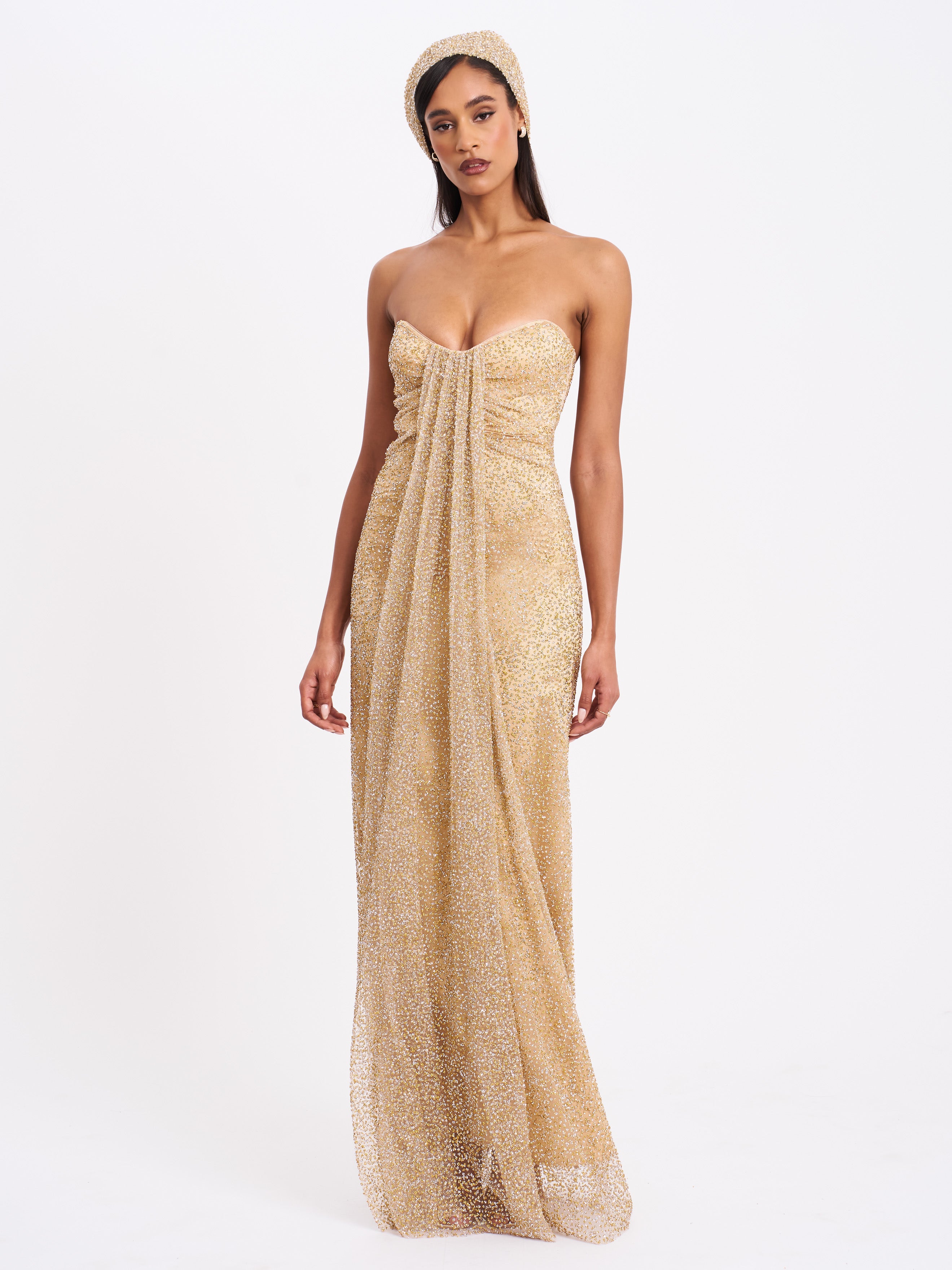 Ada Gold Rhinestone Embellished Strapless Gown with Head Scarf