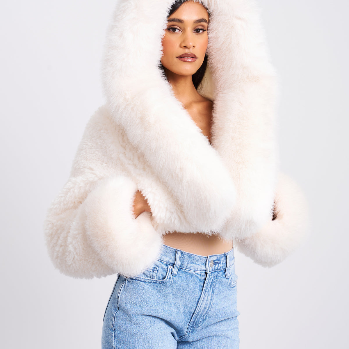 Kali White Cropped Vegan Shearling Fur Jacket - Main Image