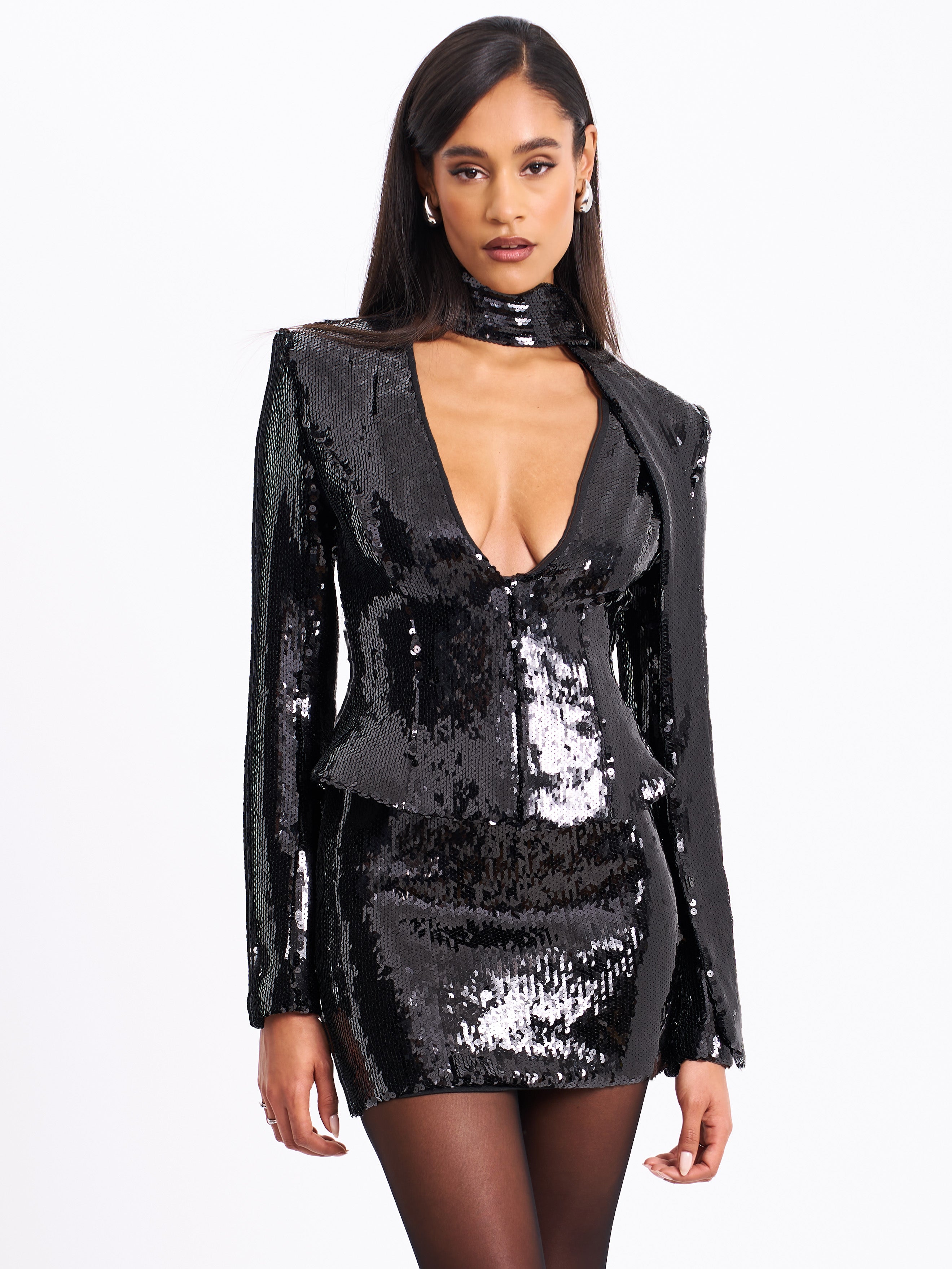 Tamina Black Sequin Deep V Peplum Top with Scarf