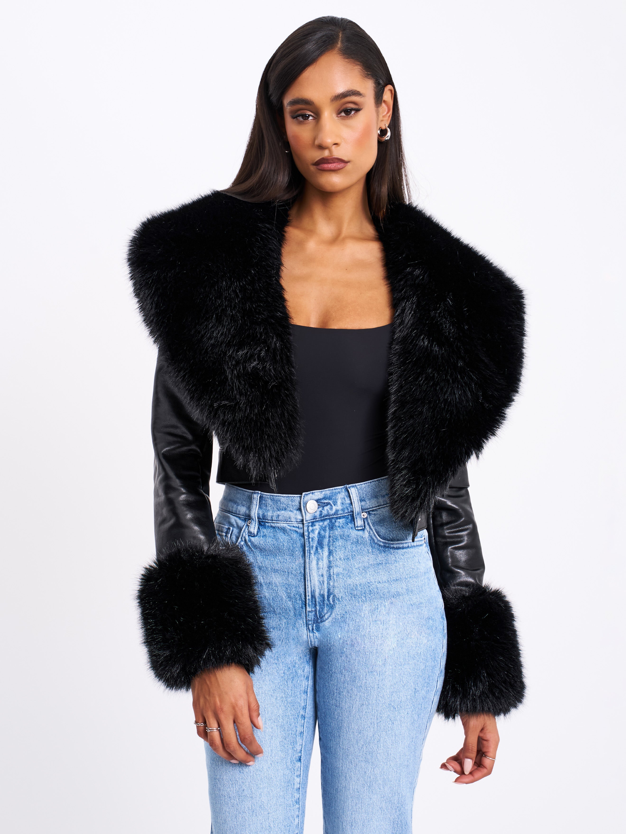 Ziah Cropped Leather Jacket with Fur Collar