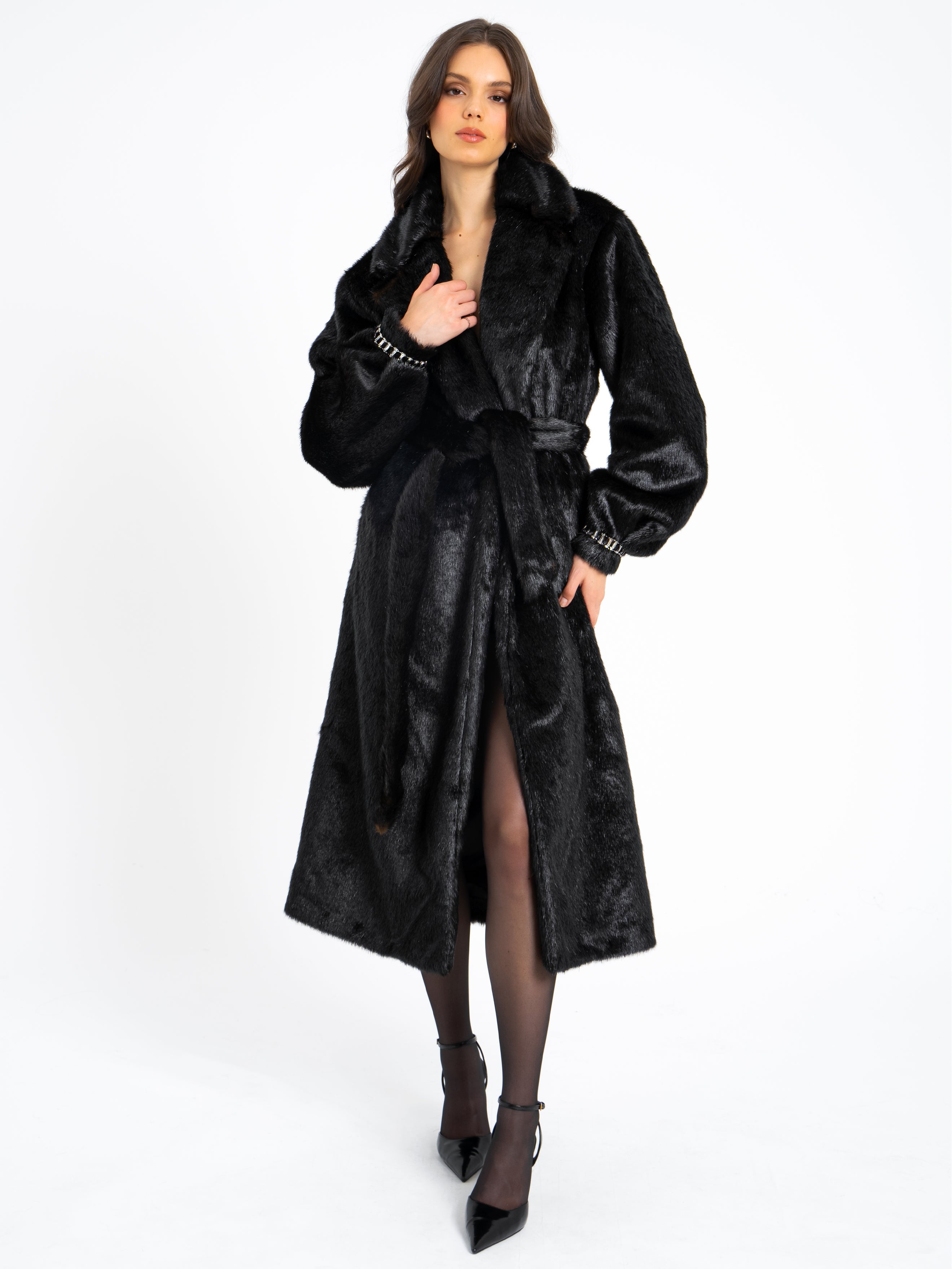 Yahia Black Vegan Long Faux Mink Coat