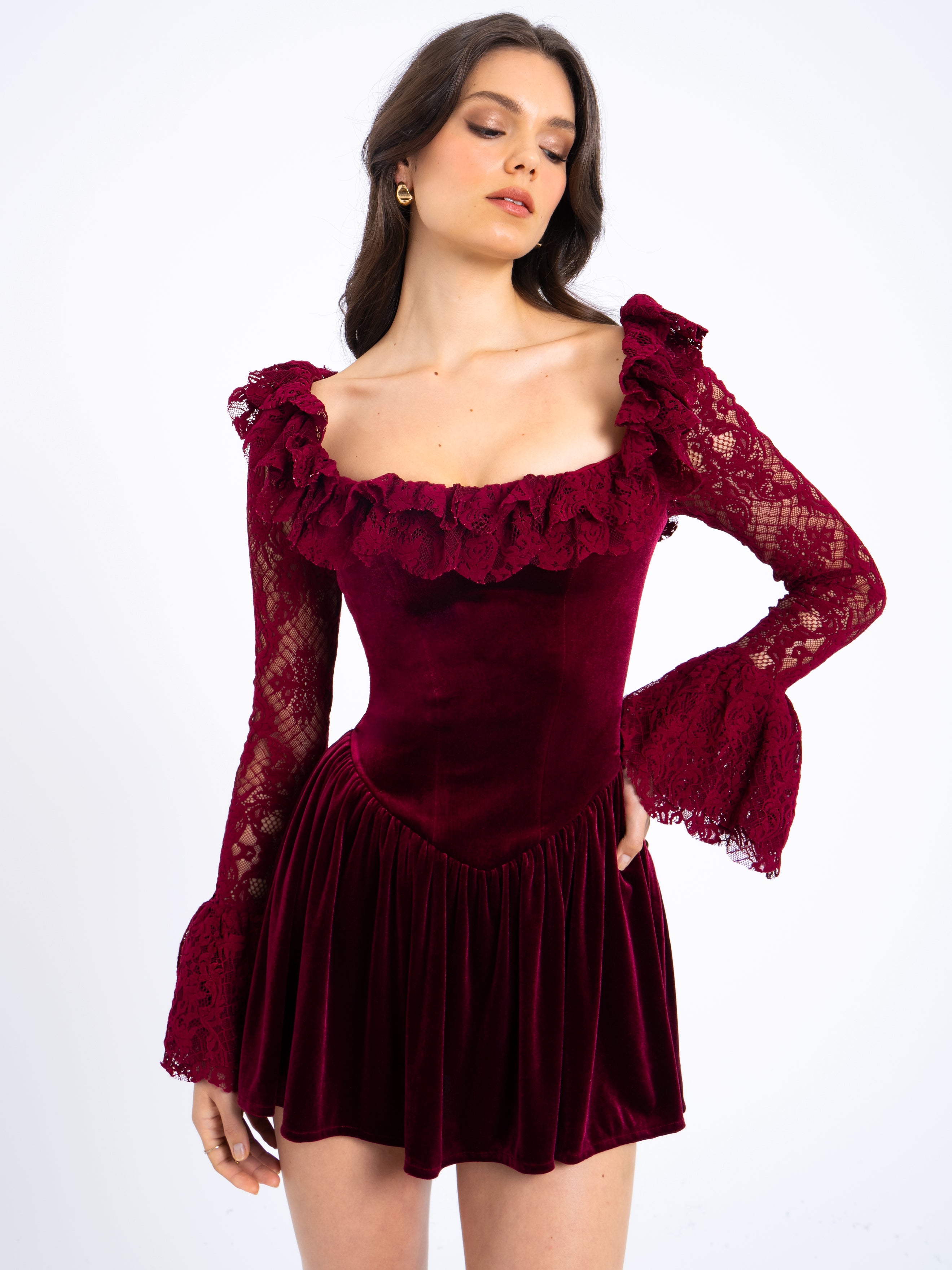 Yachira Burgundy Velvet Lace Flare Sleeve Mini Dress