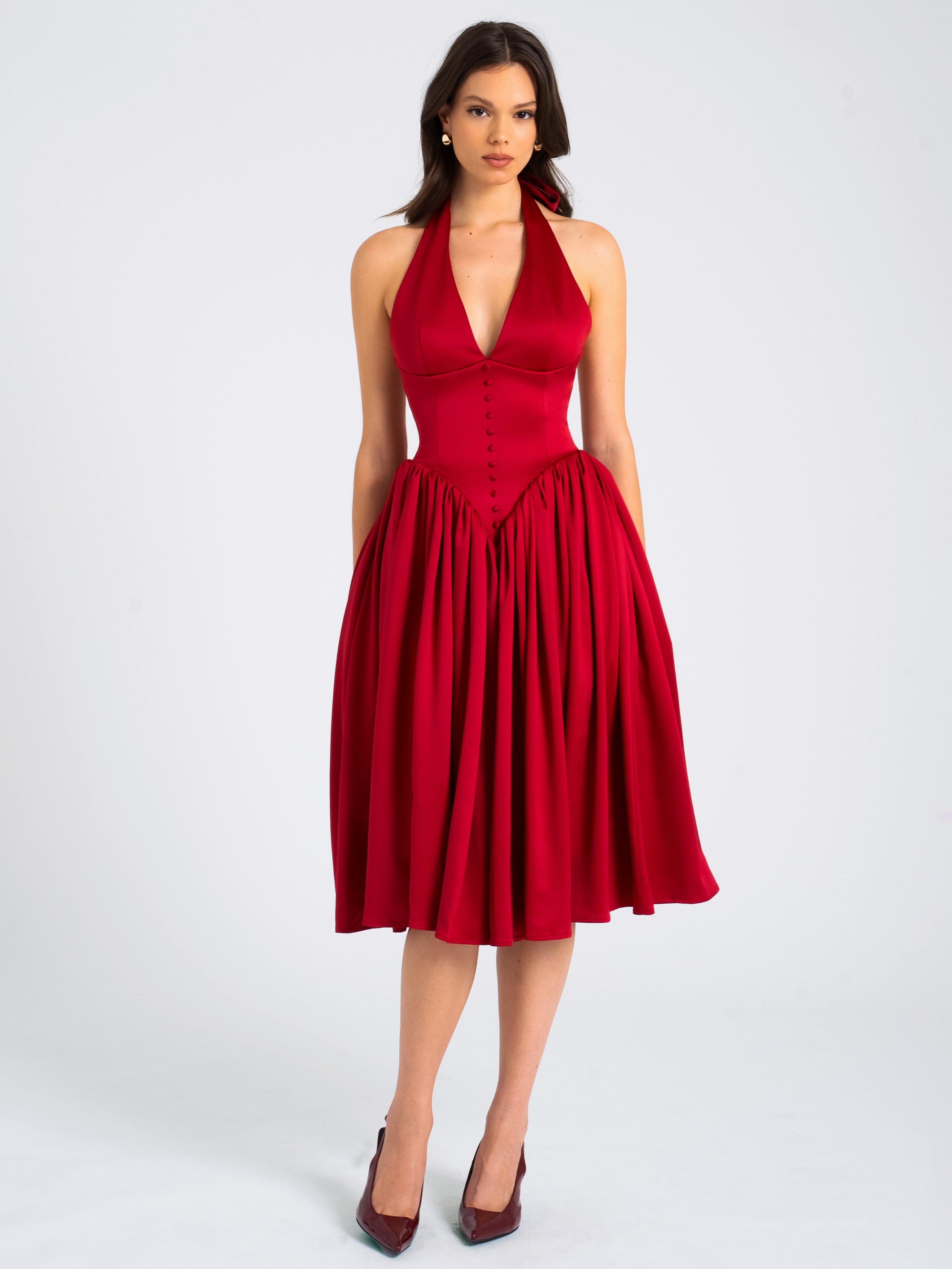 Cara Red Plunging Halter Backless Maxi Dress