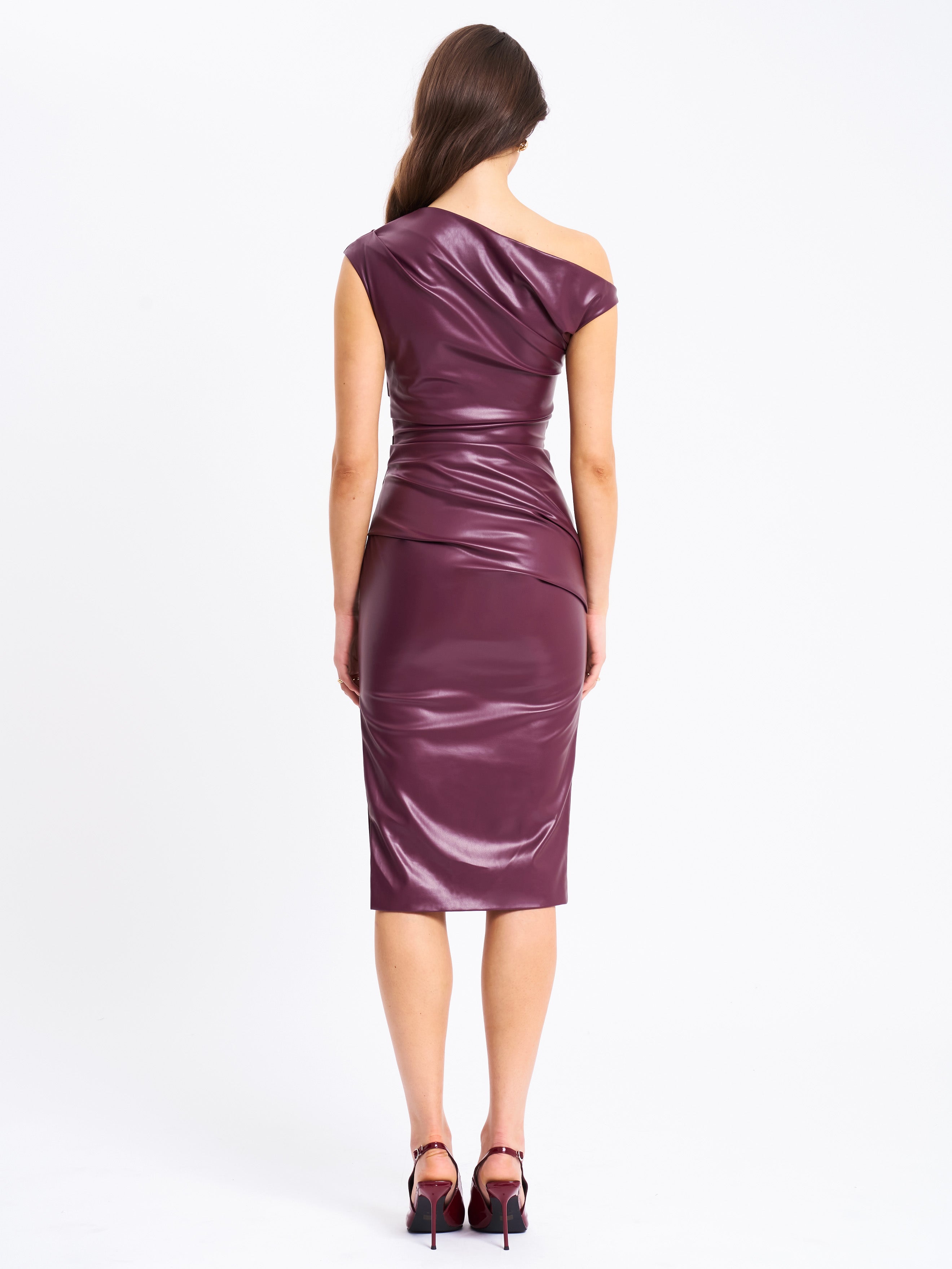 Sabina Purple Leather Slash Neck Midi Dress