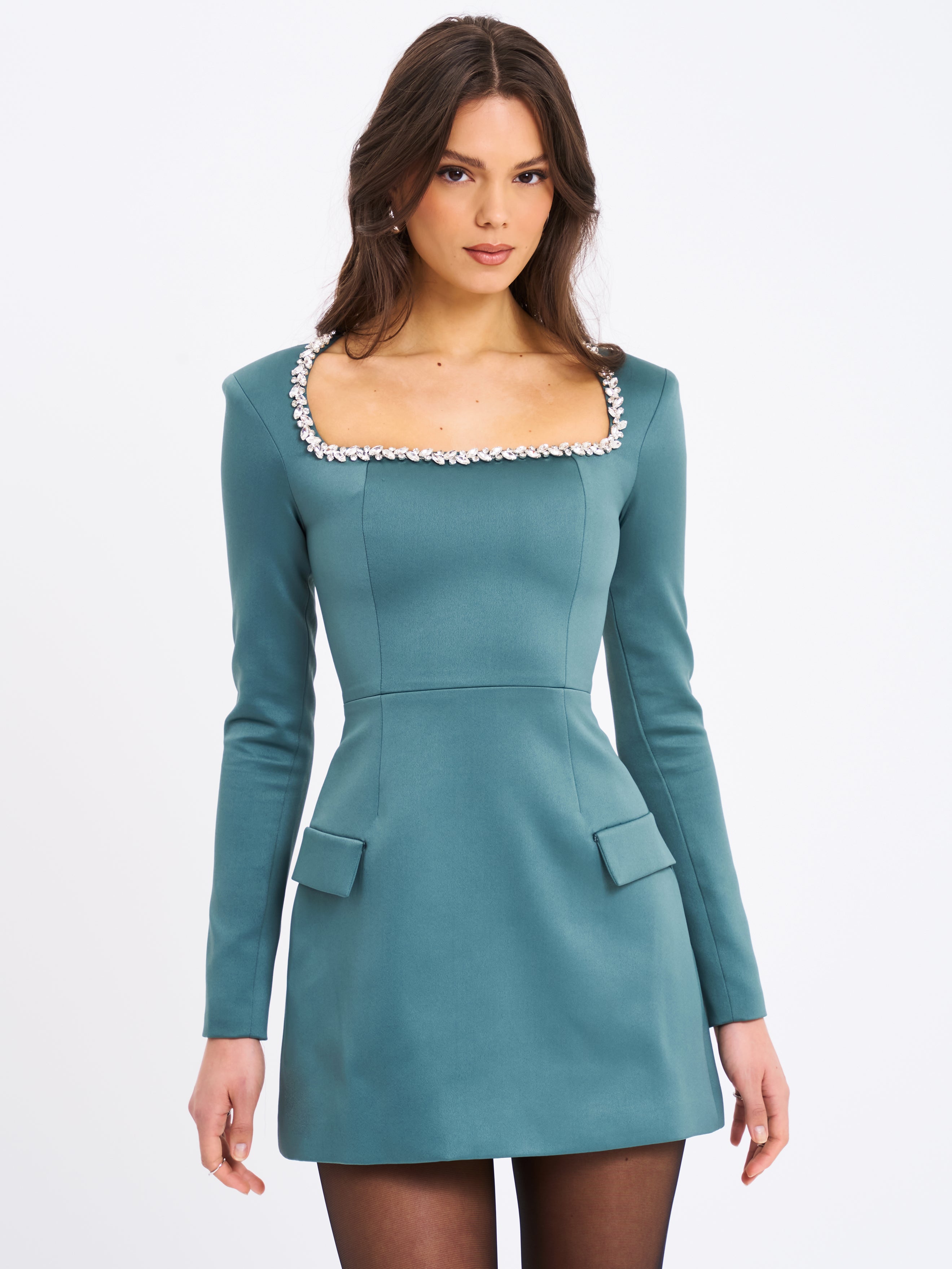 Gabella Dark Green Long Sleeve A-line Mini Dress with Crystal Trim