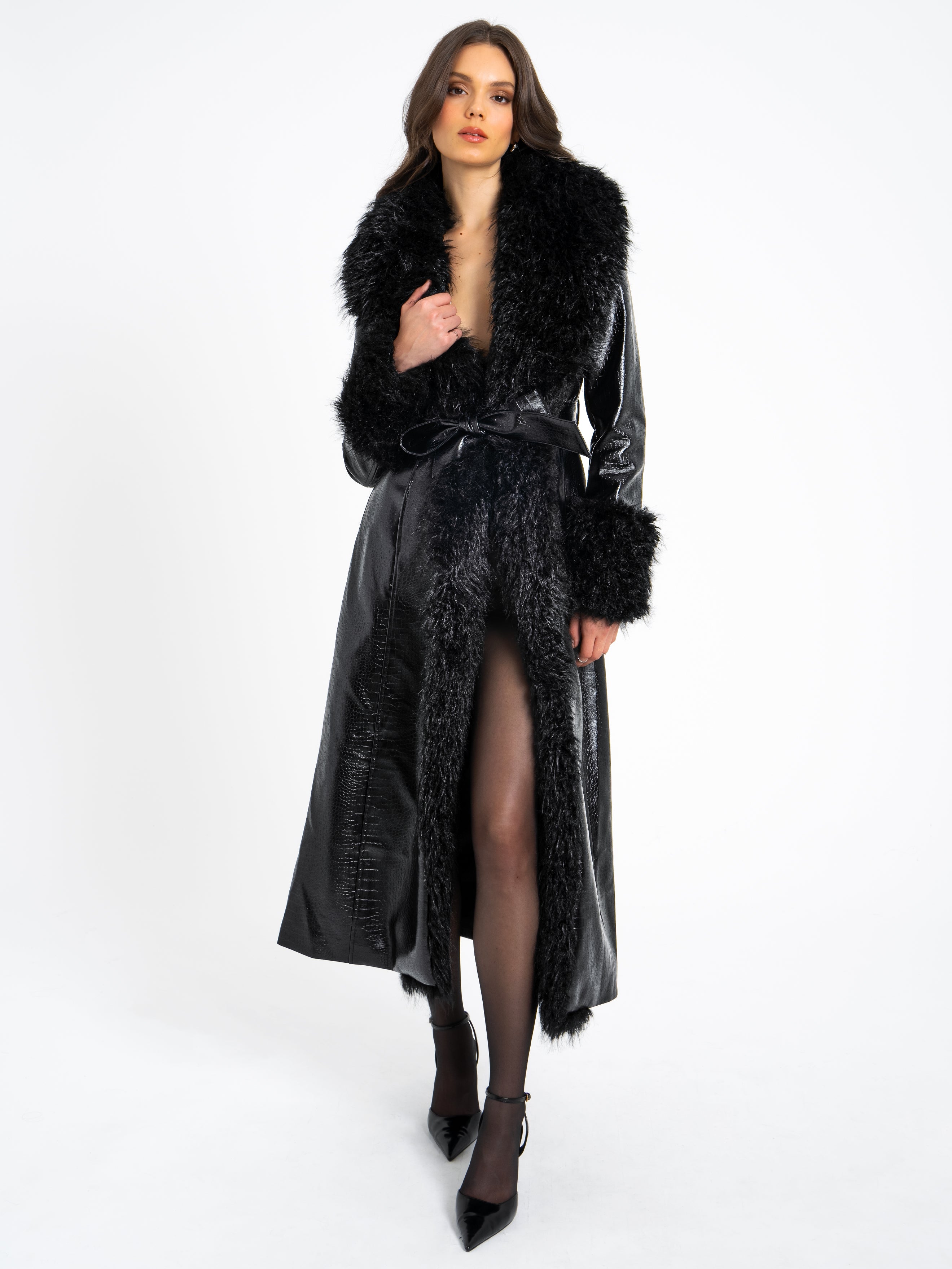 Zella Black Fur Trim Vegan Croc Leather Coat