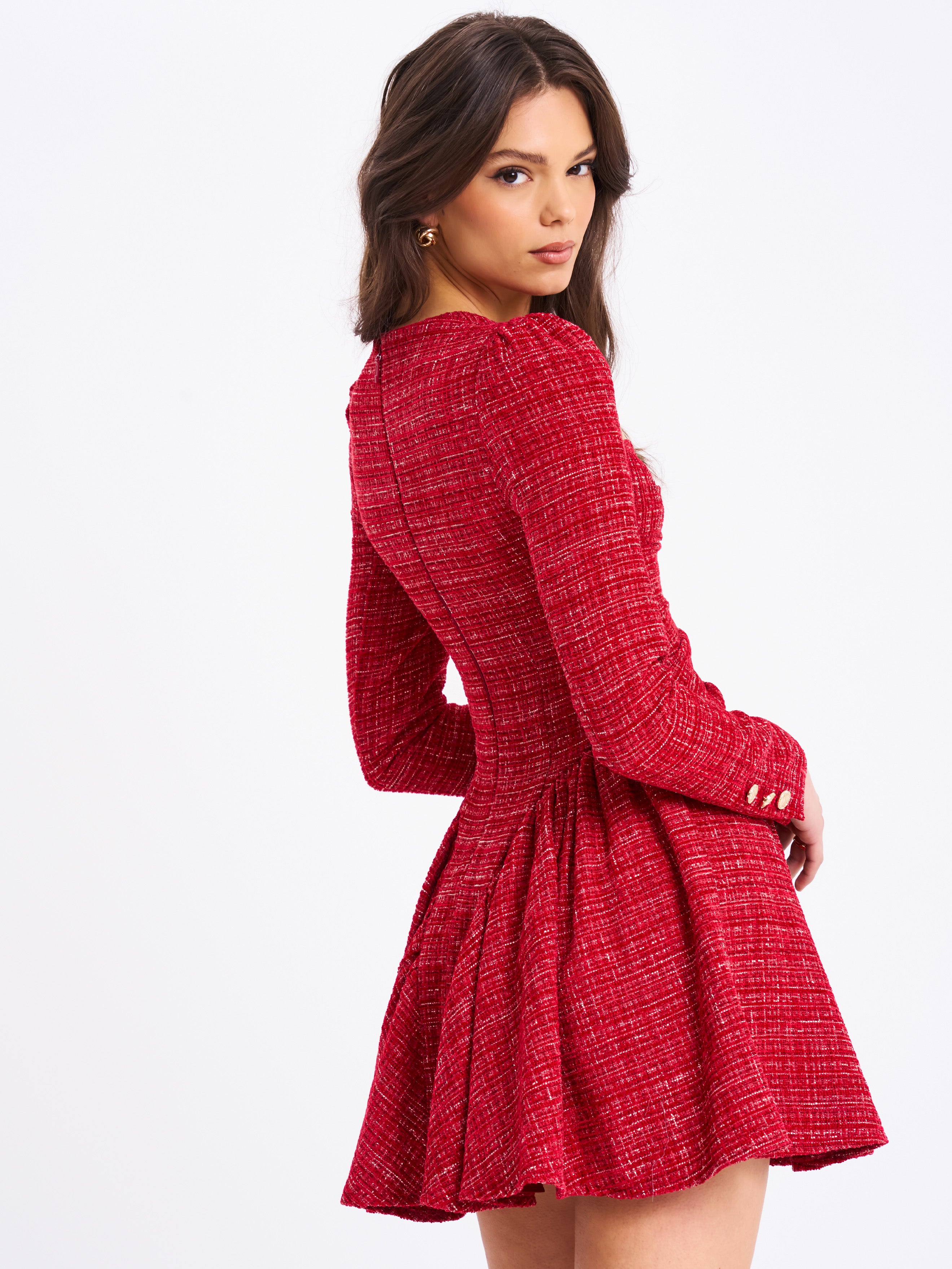 Tae Red Tweed Long Sleeve Drop Waist Mini Dress