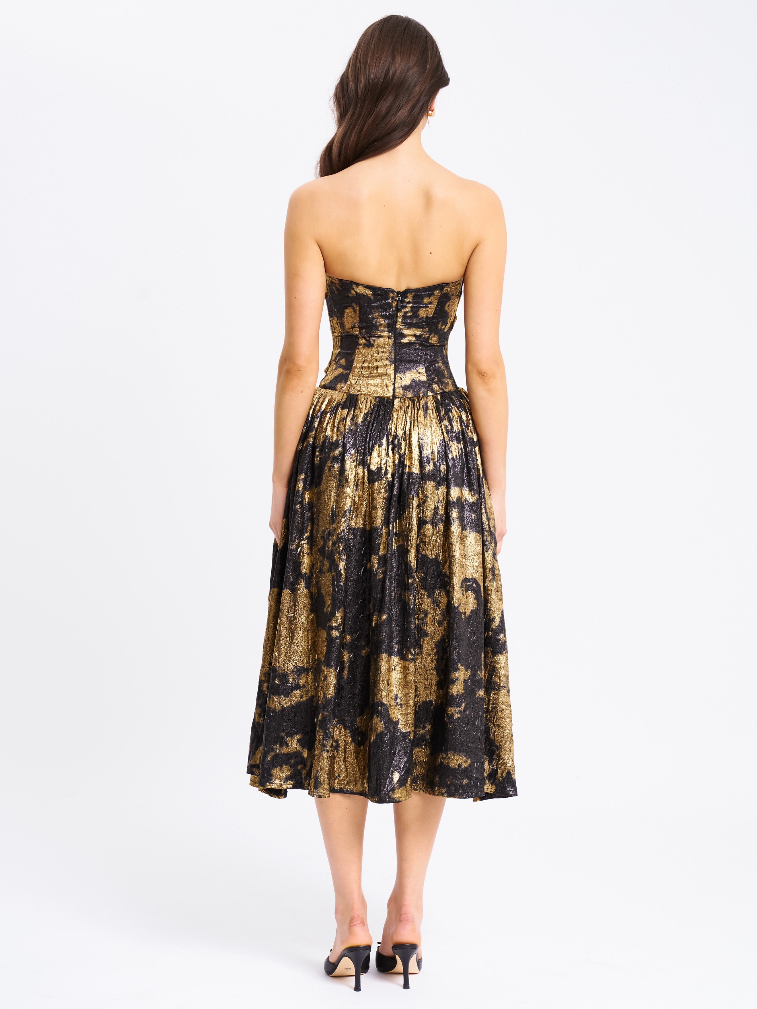 Saanvi Gold Tie Dye Bronzing Strapless Drop Waist Midi Dress