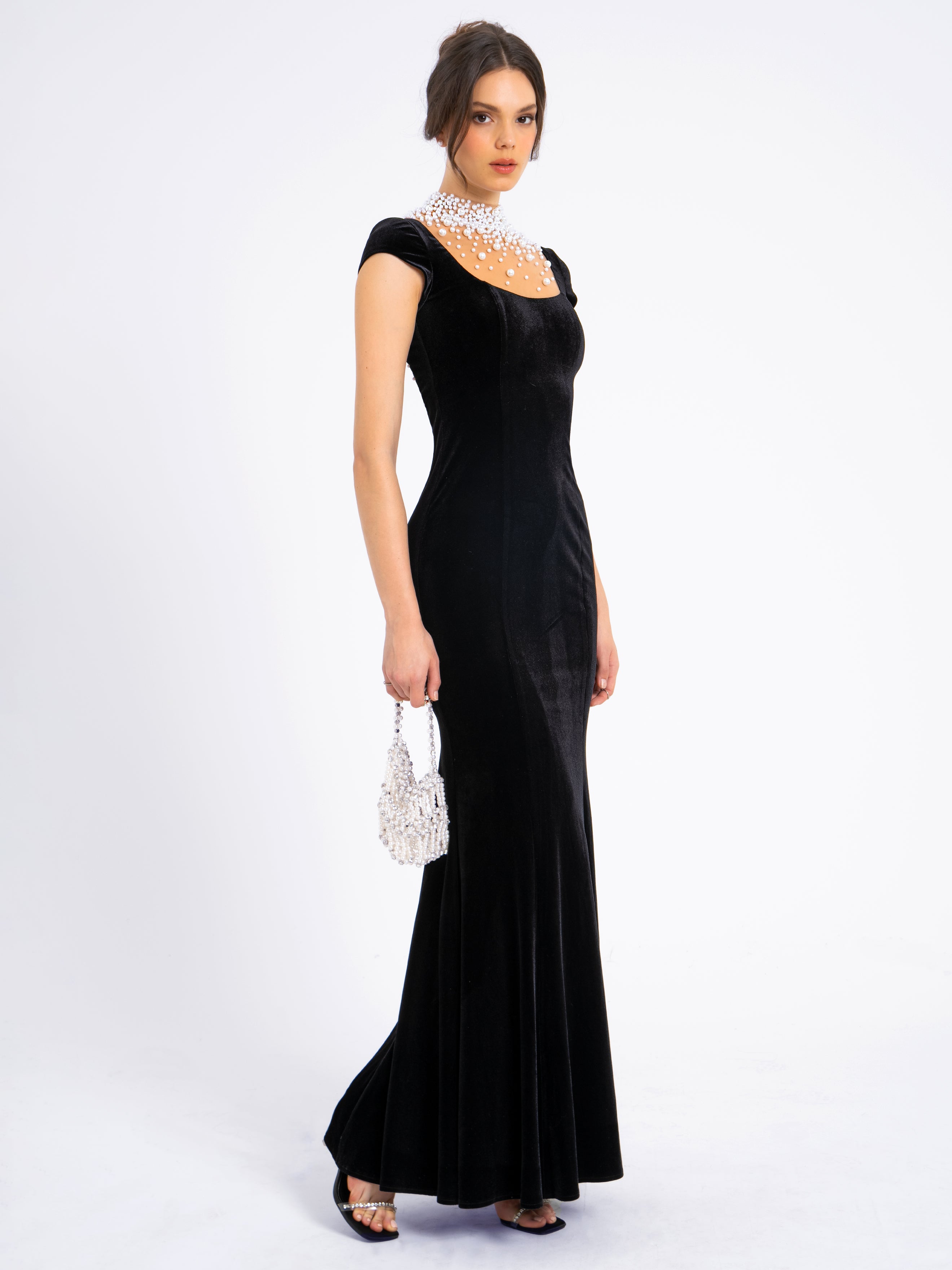 Rachael Black Velvet Pearl Embellished Gown