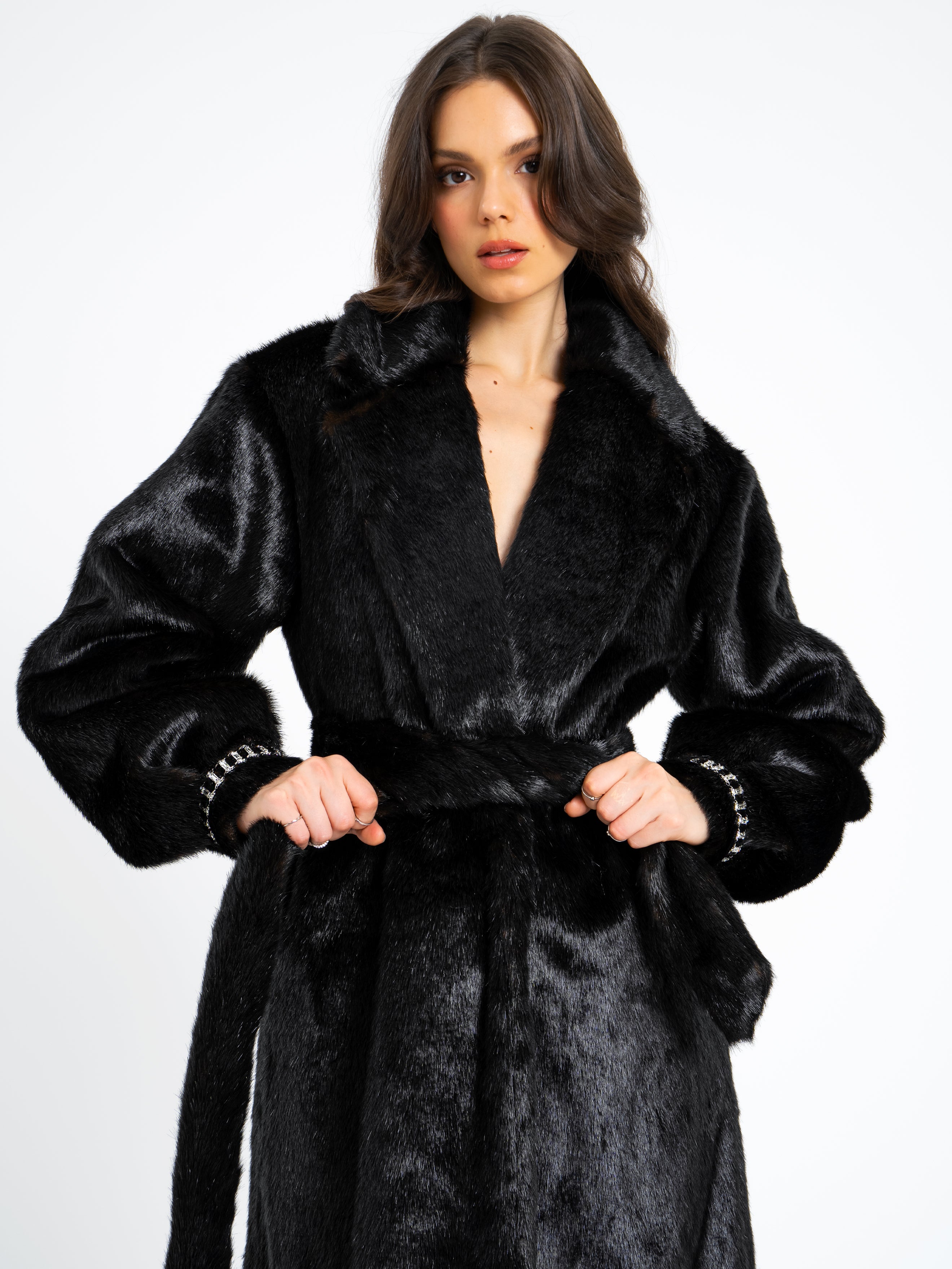 Yahia Black Vegan Long Faux Mink Coat