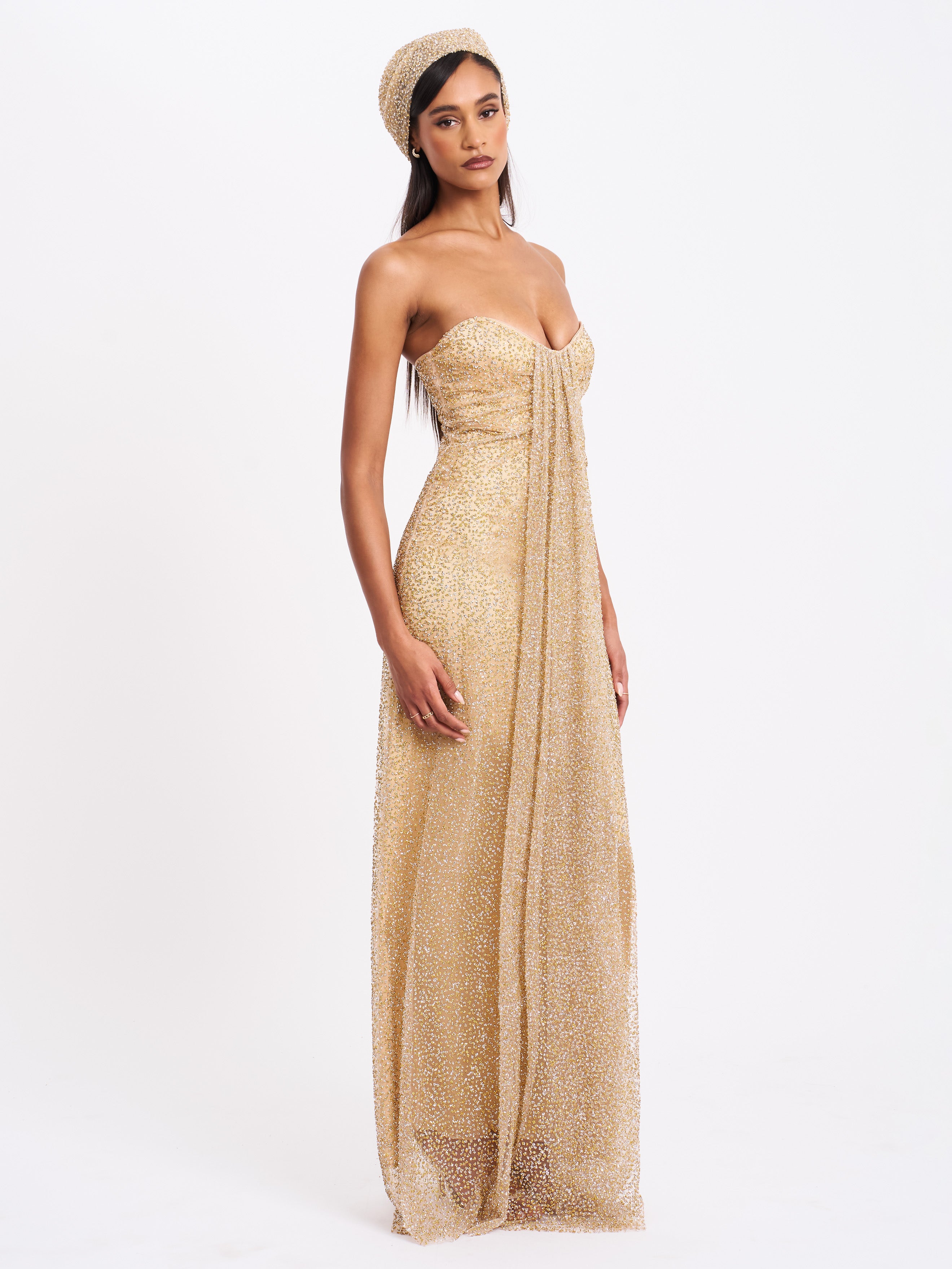 Ada Gold Rhinestone Embellished Strapless Gown with Head Scarf