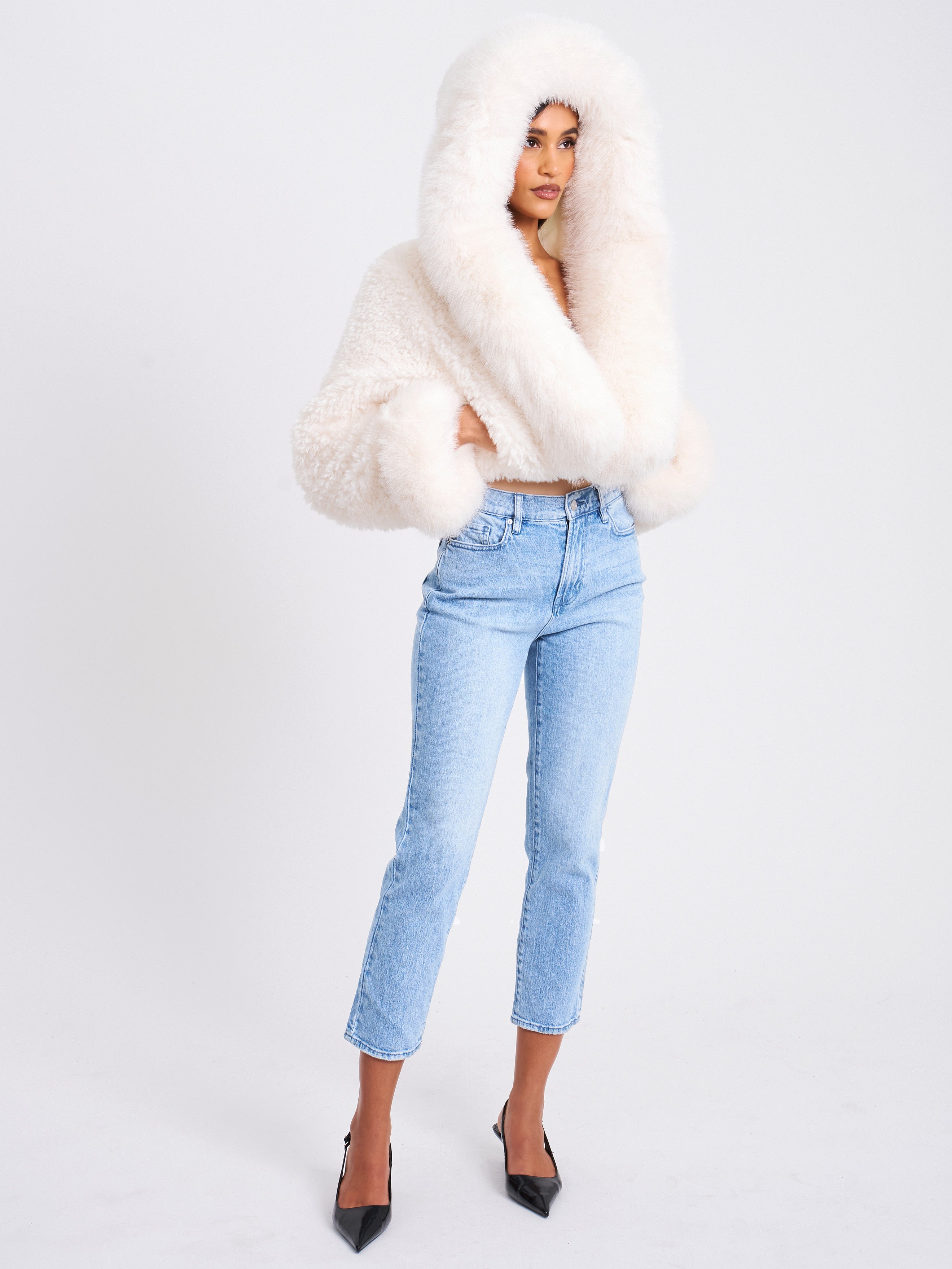 Kali White Cropped Vegan Fur Jacket With Hood