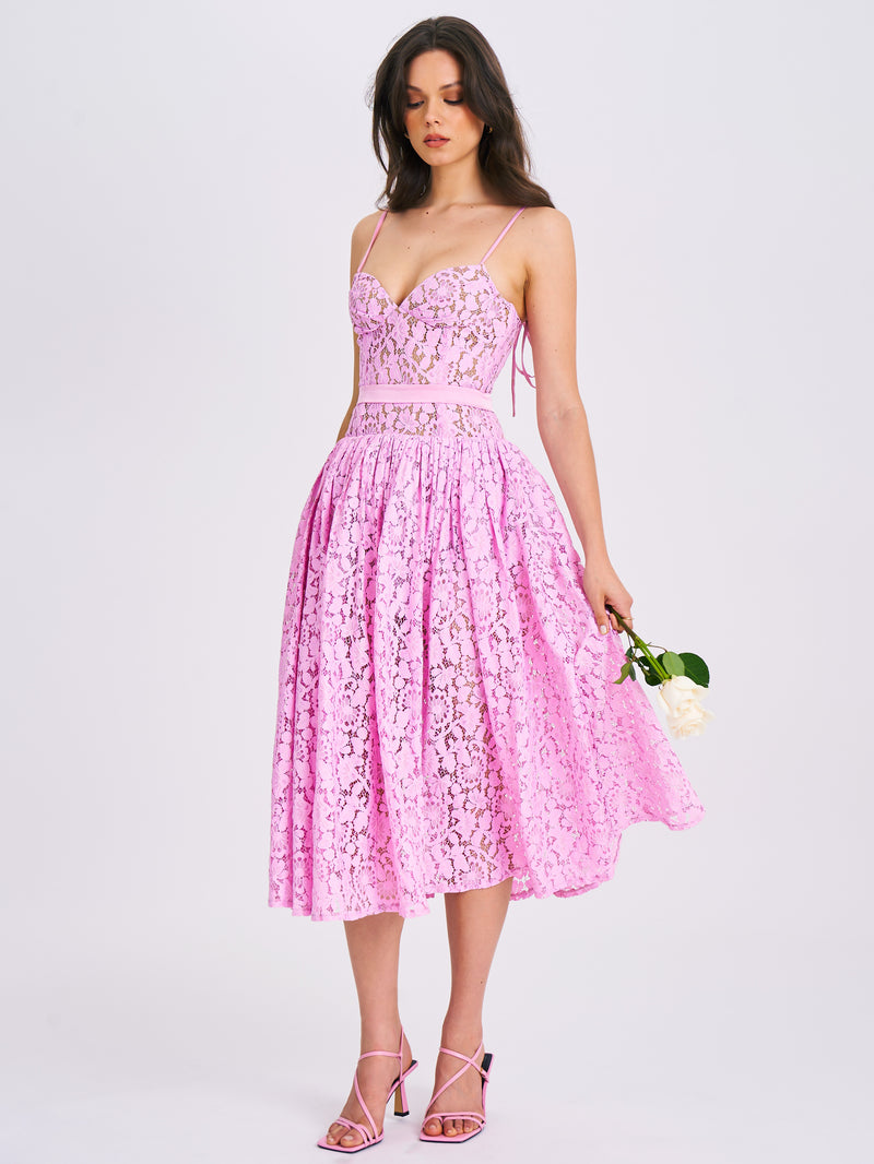 Lorena Pink Lace Drop Waist Midi Sundress