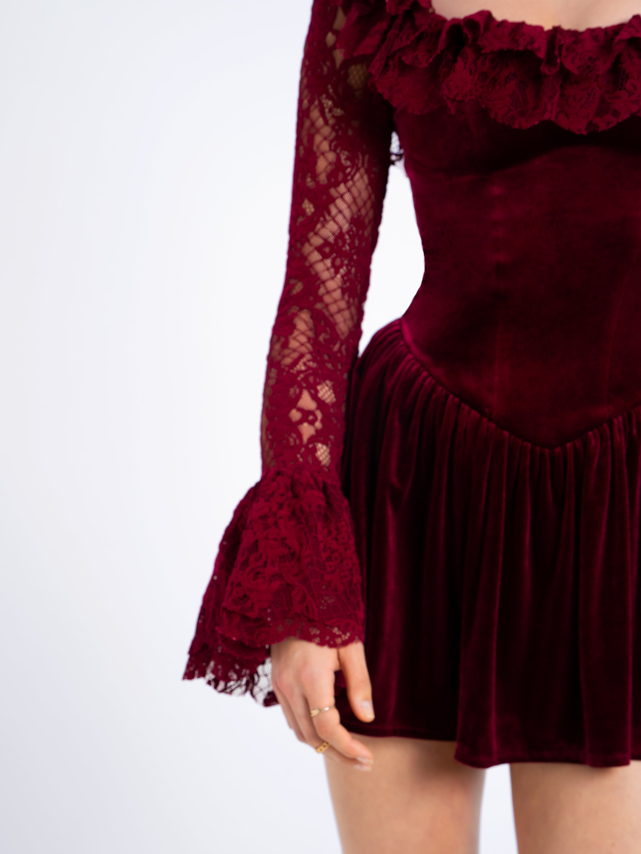 Yachira Burgundy Velvet Lace Flare Sleeve Mini Dress