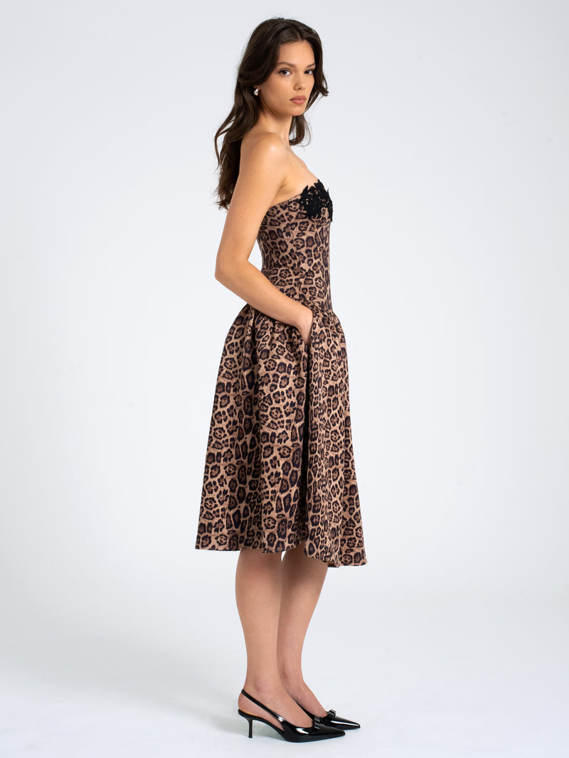 Uchenna Cheetah Print Stretchy Strapless Midi Dress with lace trim