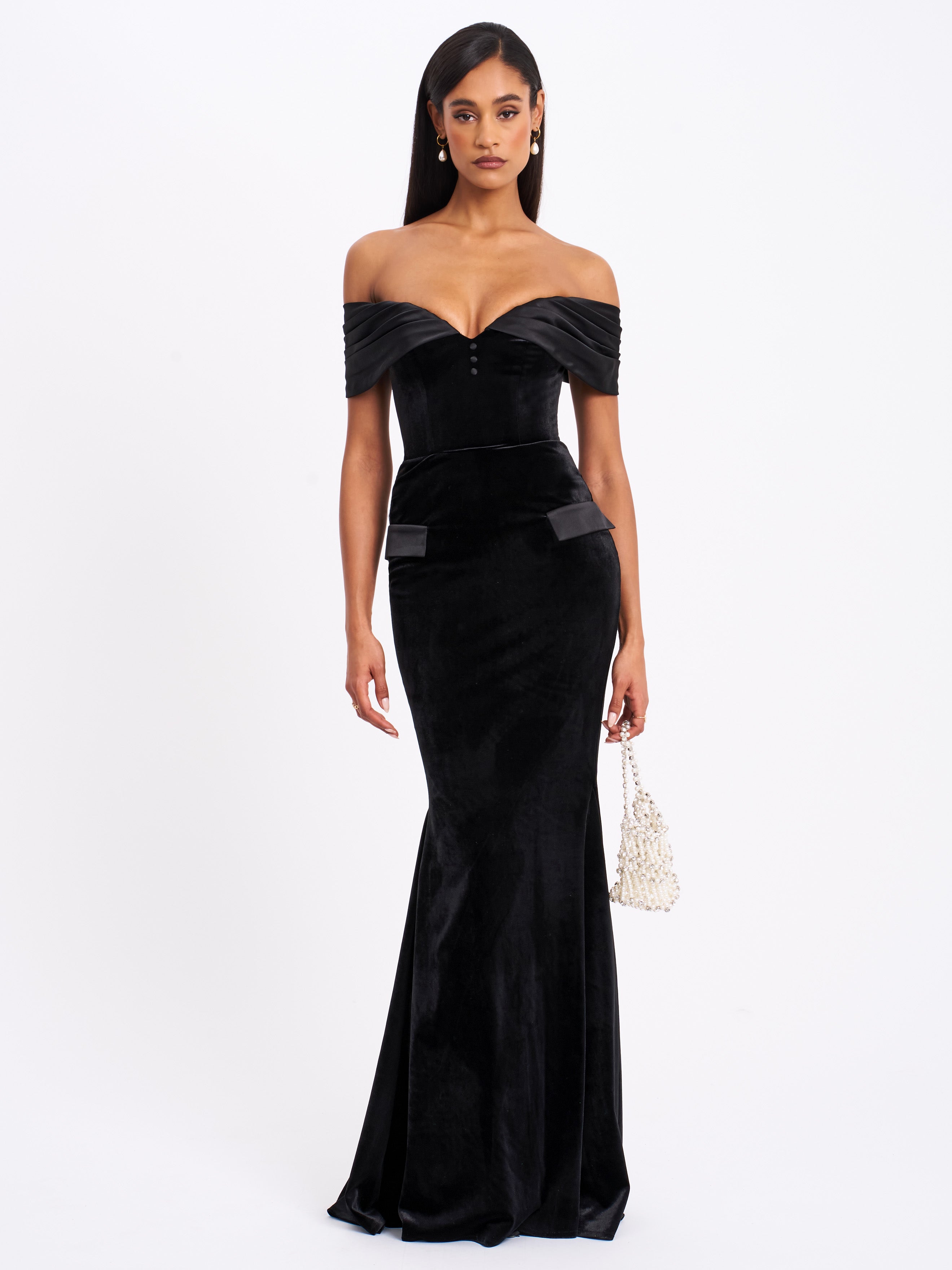 Qamra Black Velvet Off Shoulder Mermaid Maxi Dress