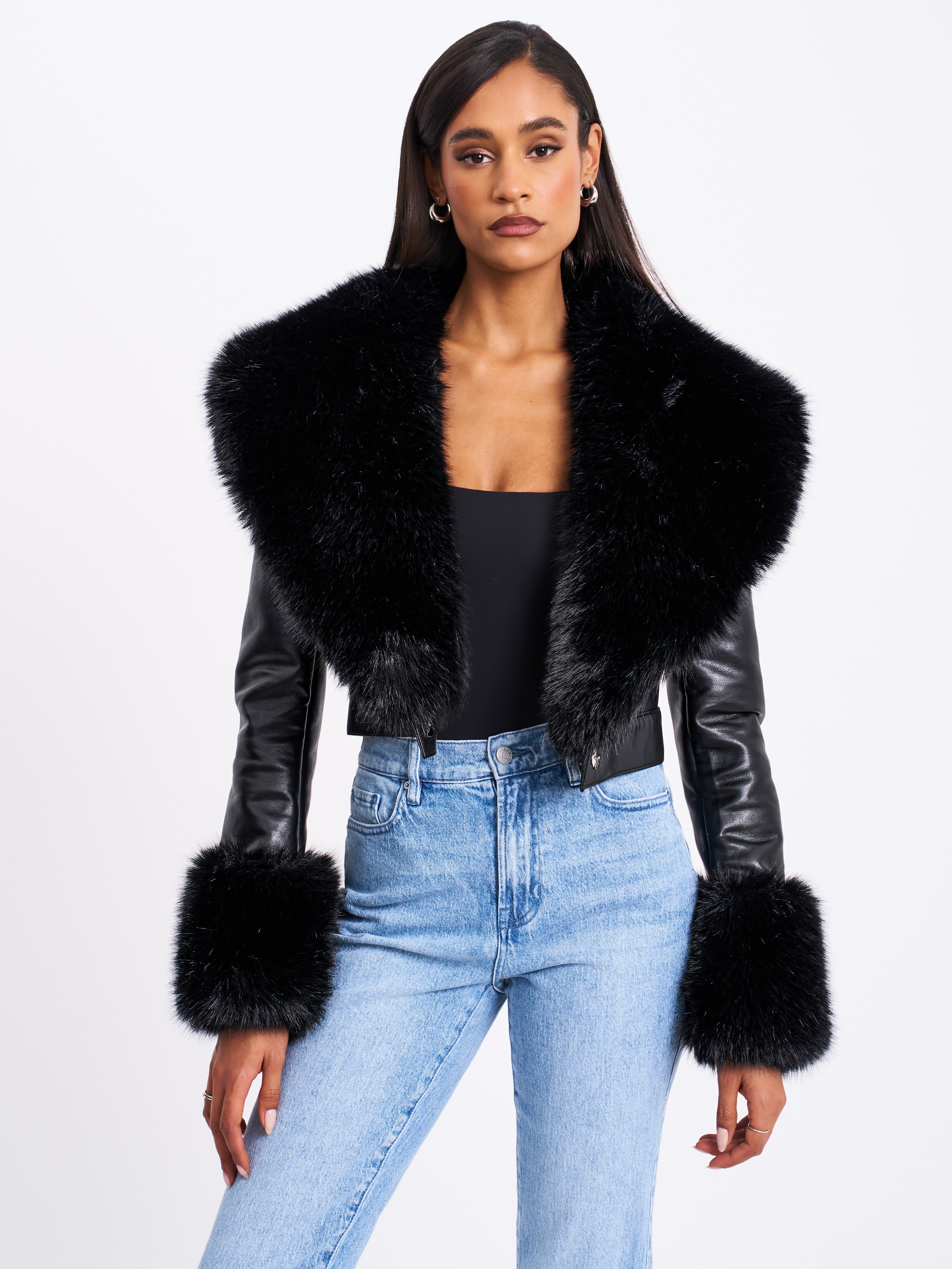 Ziah Cropped Leather Jacket with Fur Collar