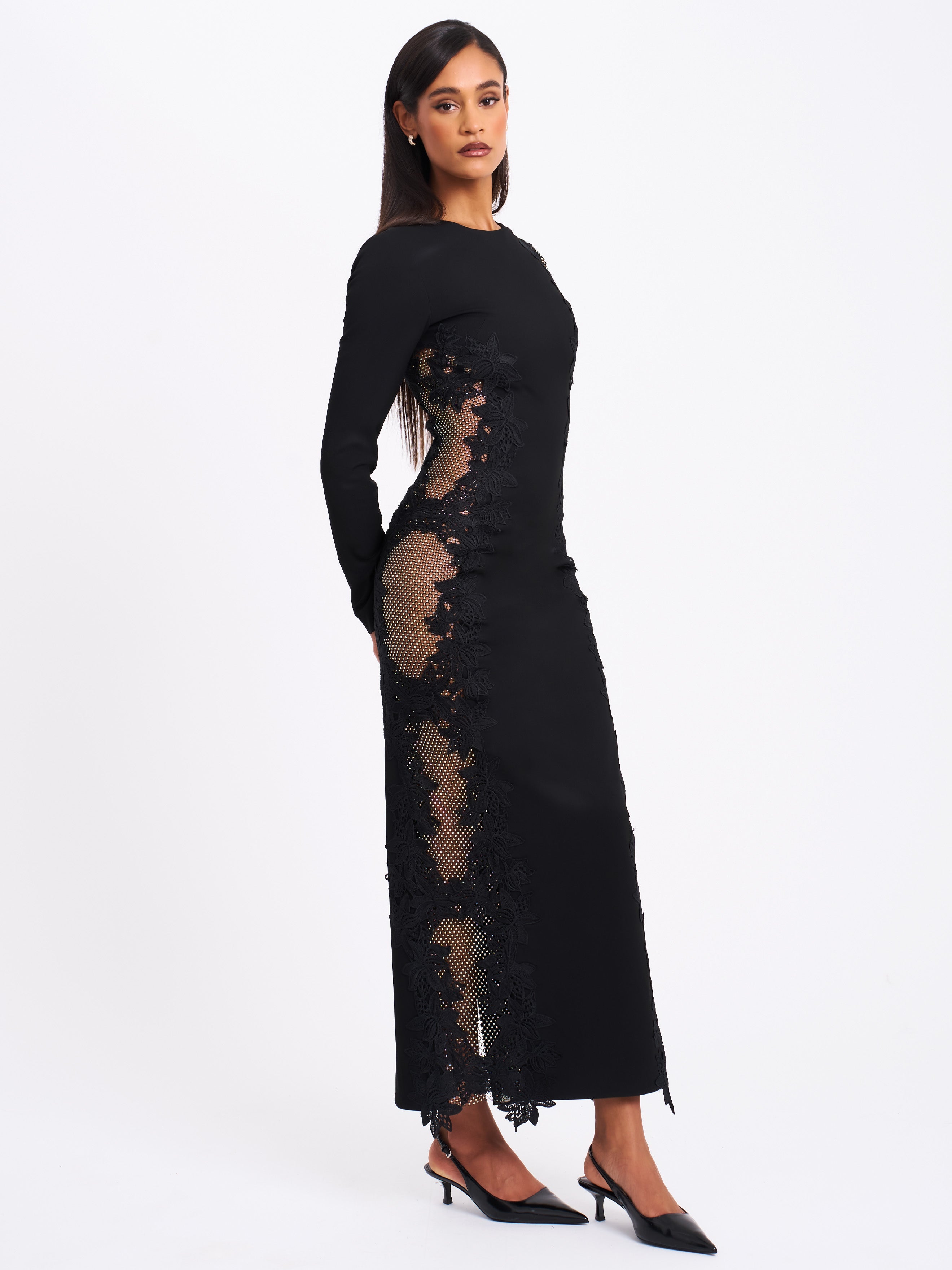 Bailey Lace Trim Crystal Net Cutout Long Sleeve Gown