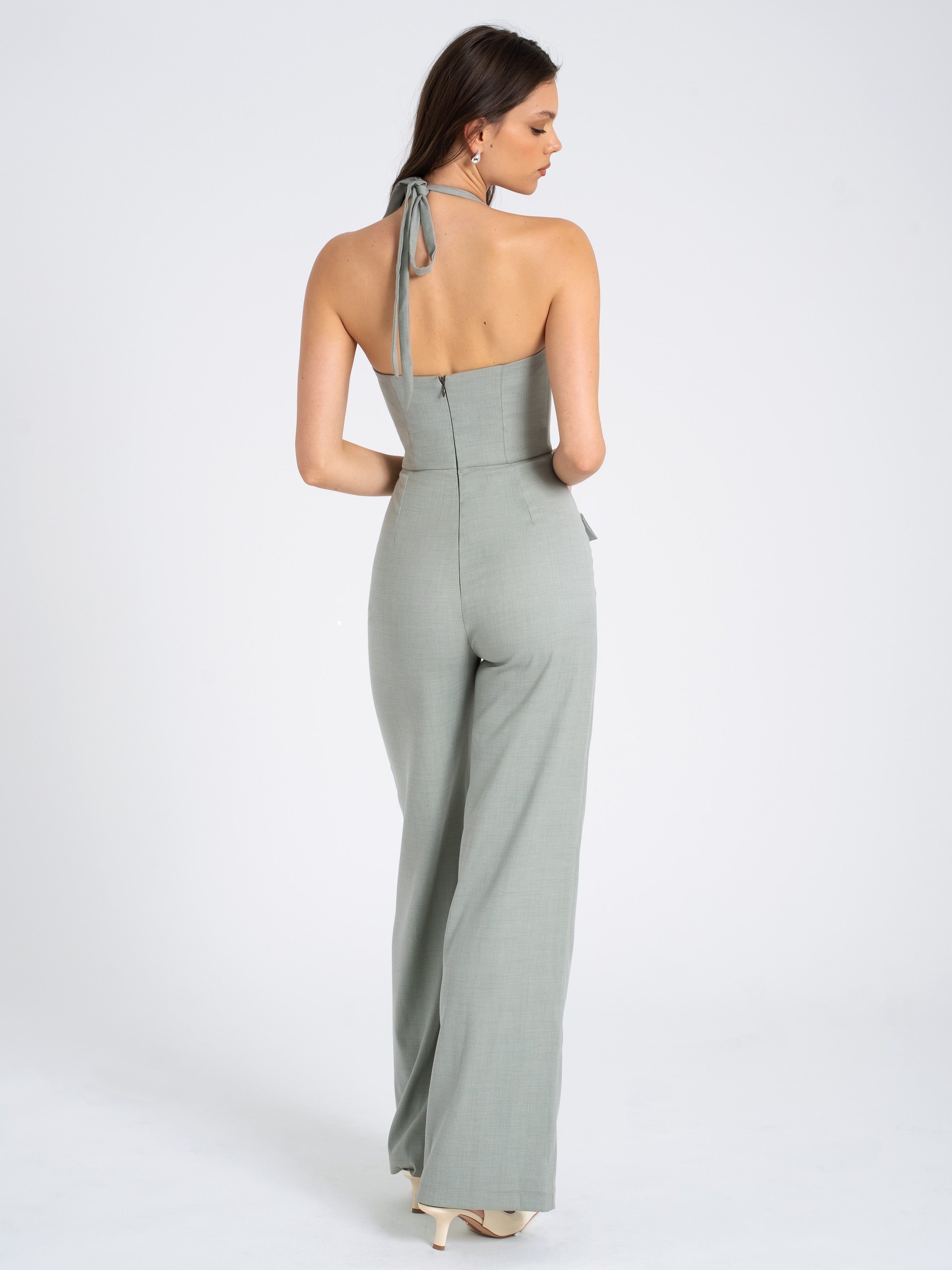 Zaria Sage Green Wide Leg Halter Jumpsuit