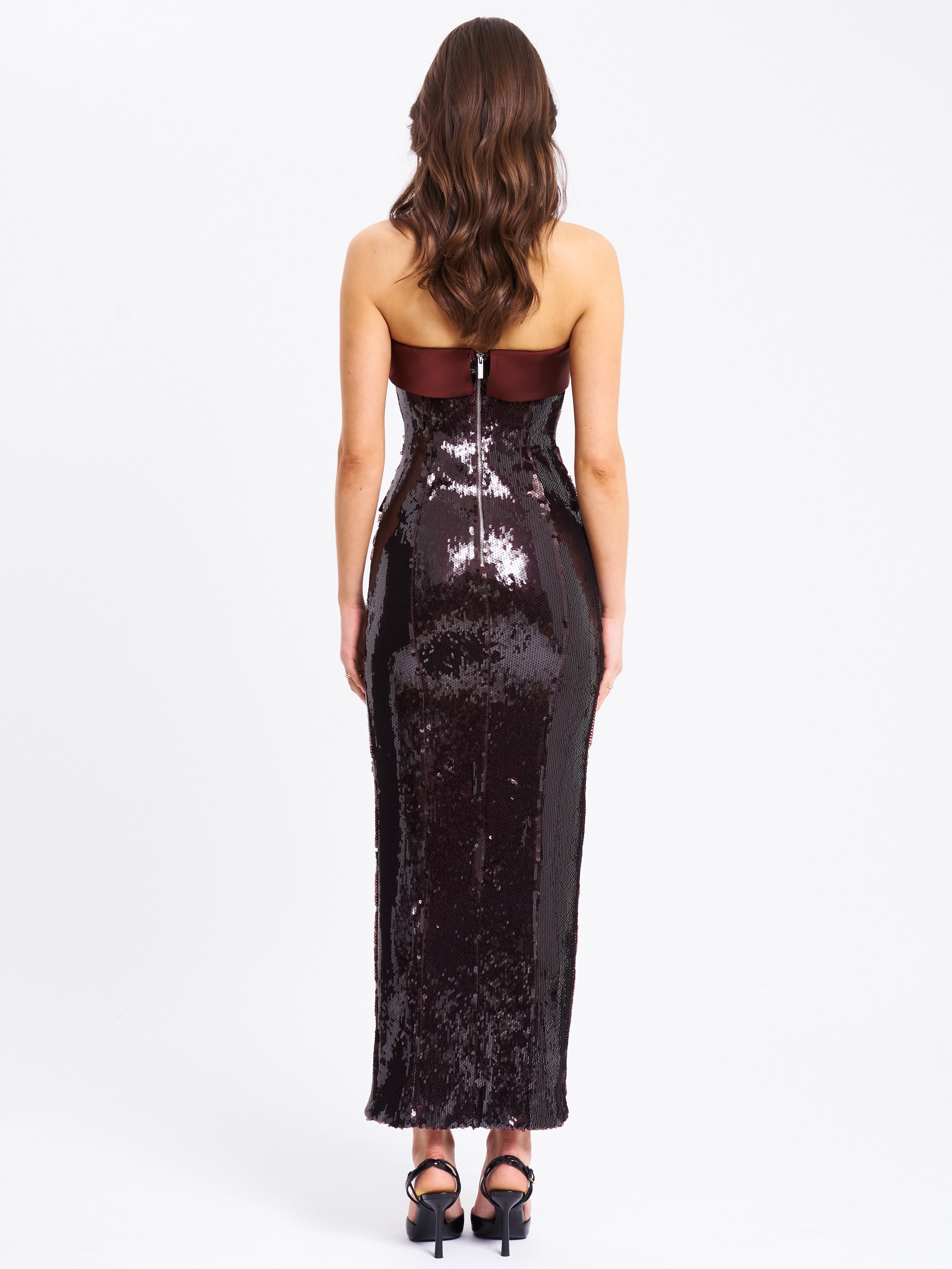 Qadira Burgundy Brown Sequin Maxi Pencil Dress