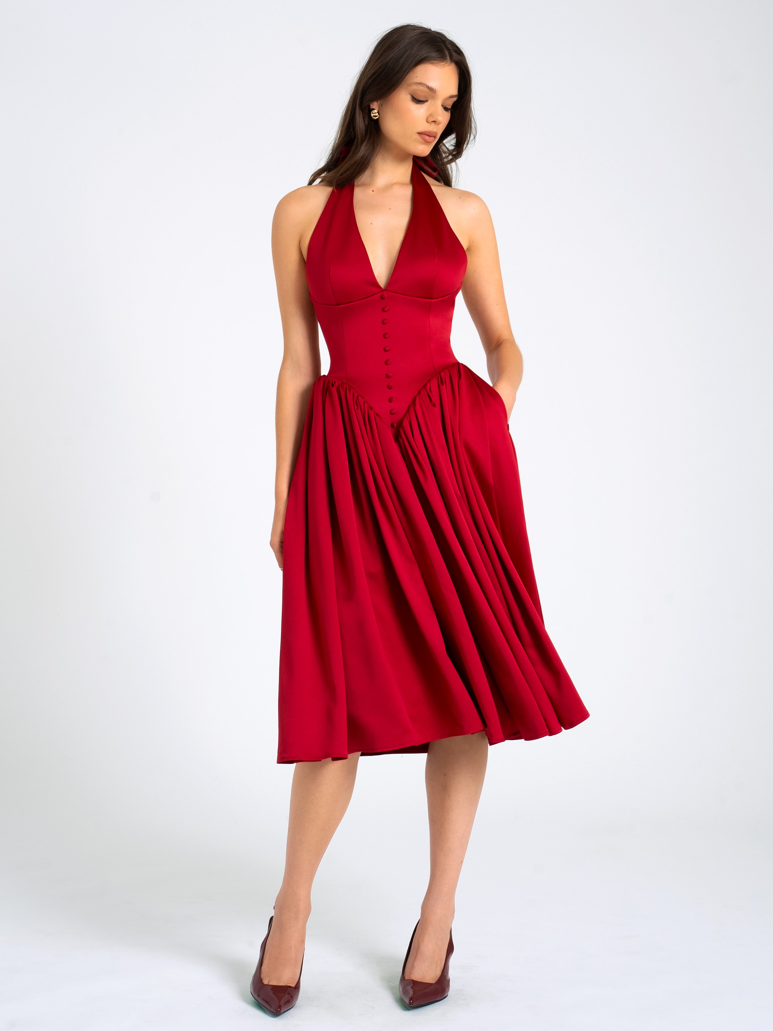 Cara Red Plunging Halter Backless Maxi Dress