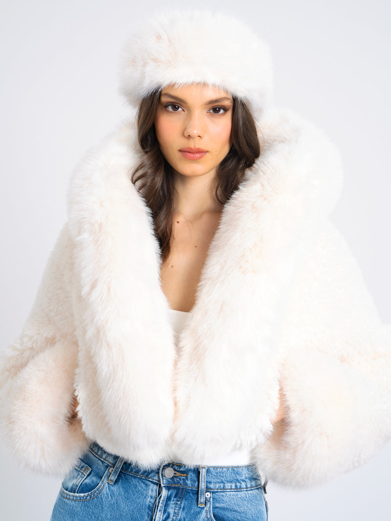 Kali White Cropped Faux Fur Jacket With Hood