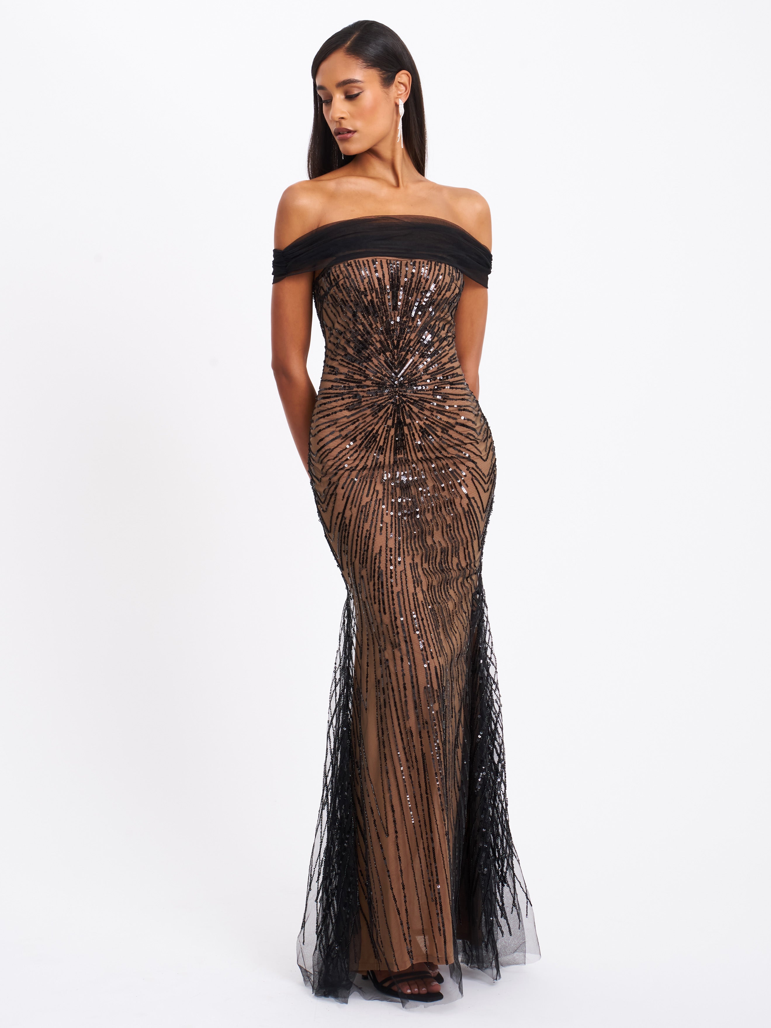 Qeturah Embroidered Sequin Off Shoulder Mesh Gown