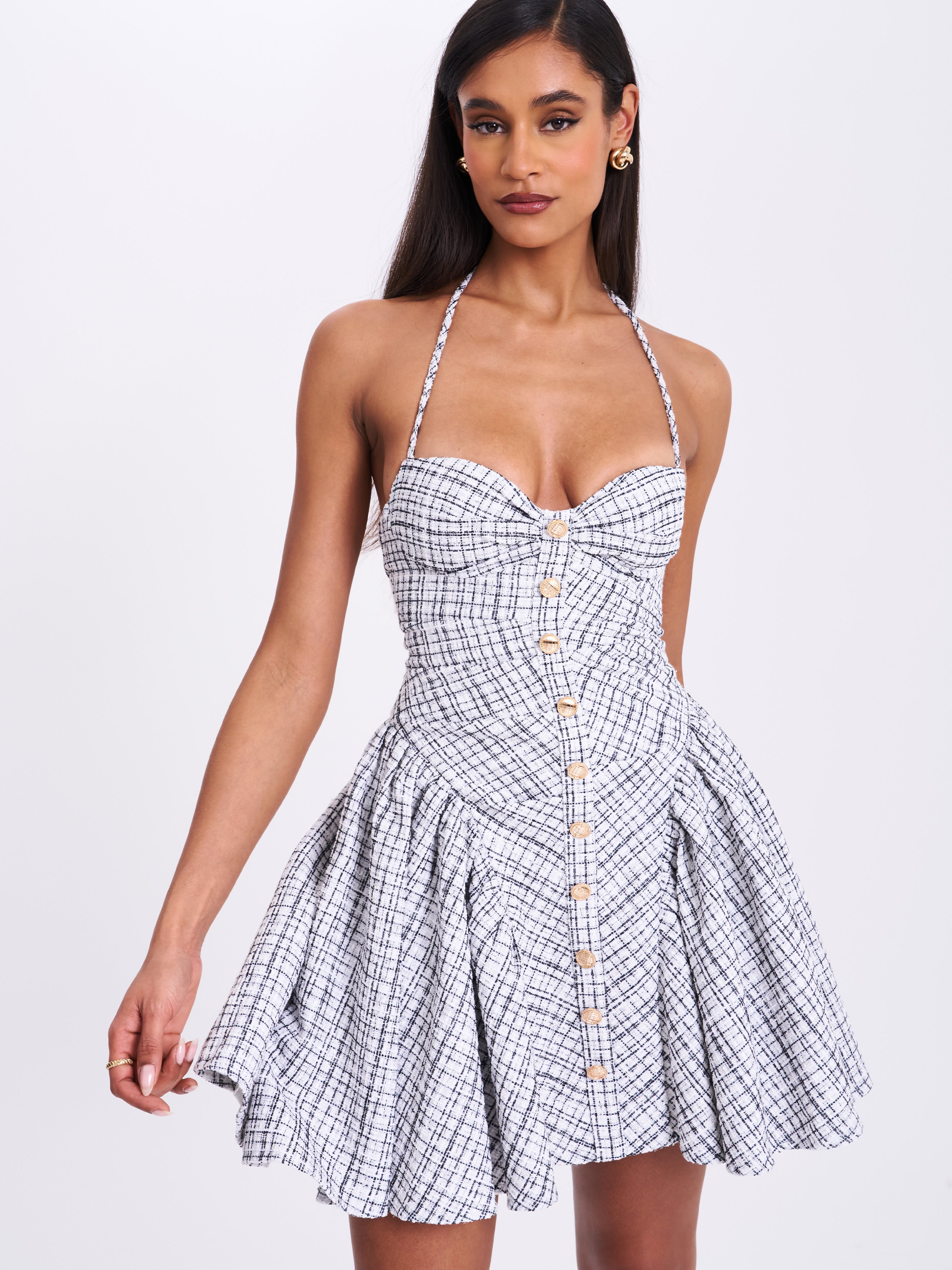 Melody Black and White Plaid Tweed Halter Drop Waist Mini Dress