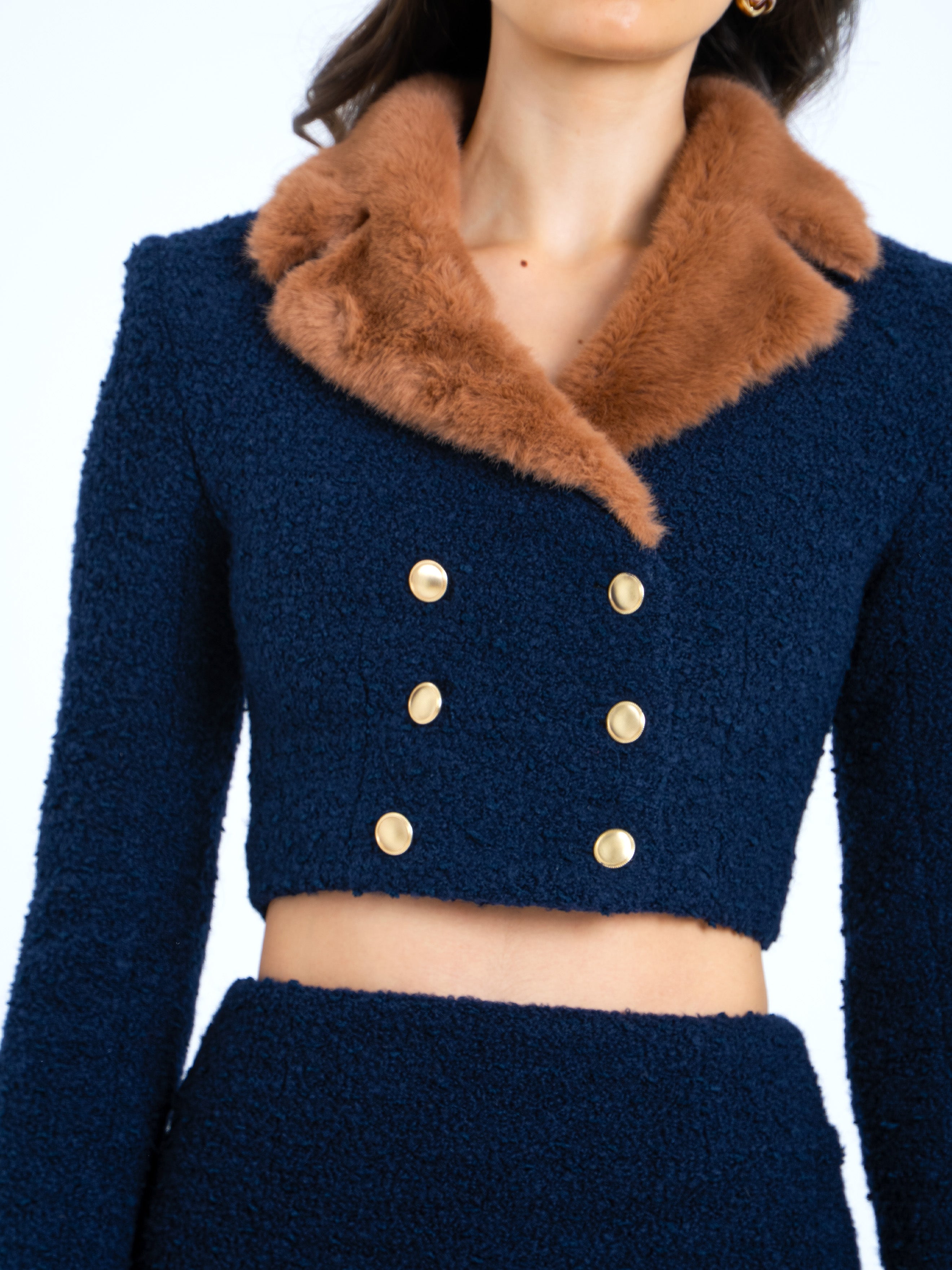 Wava Navy Blue Double Breast Fur Trim Cropped Boucle Wool Jacket