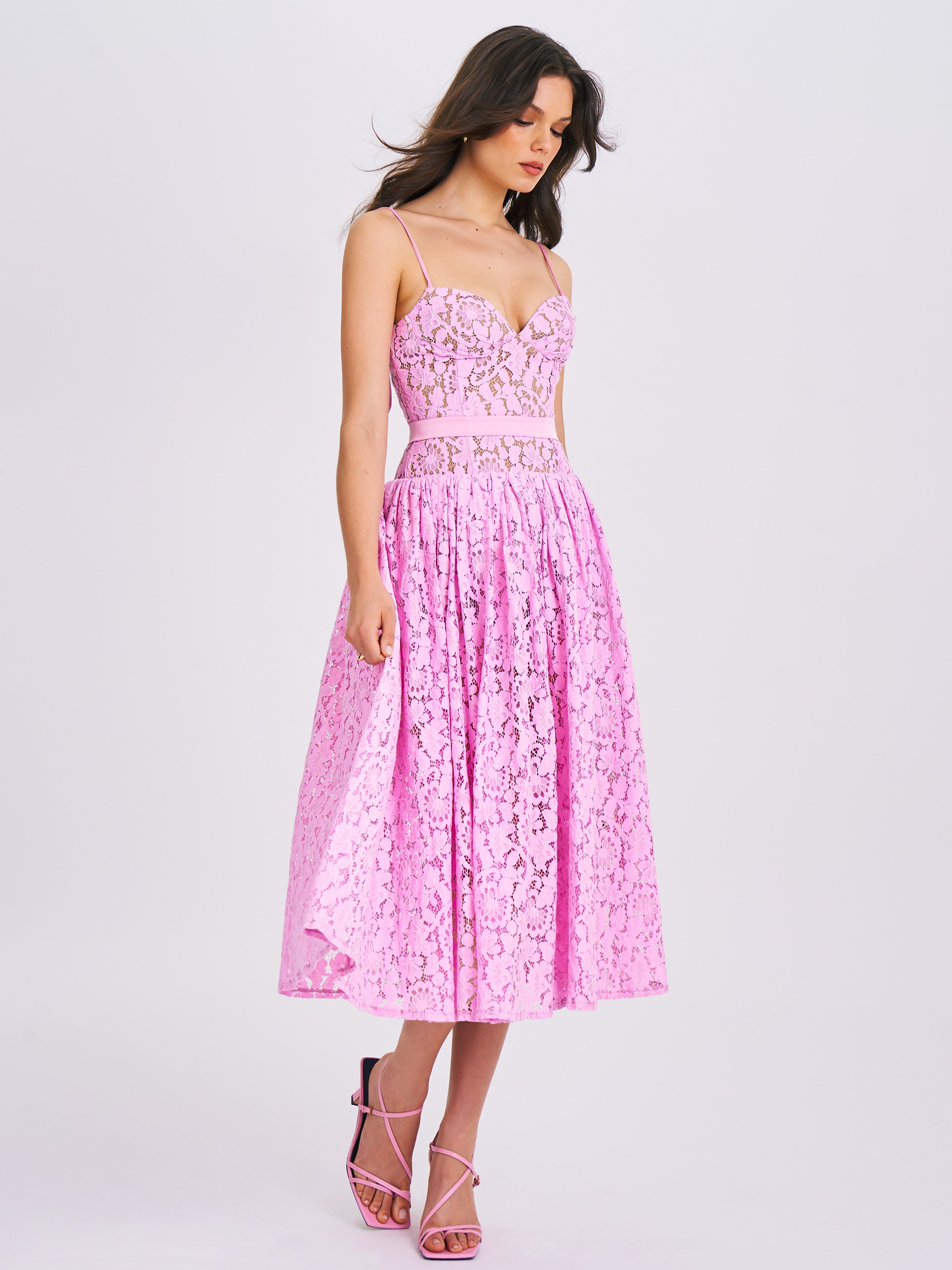 Lorena Pink Lace Drop Waist Midi Sundress