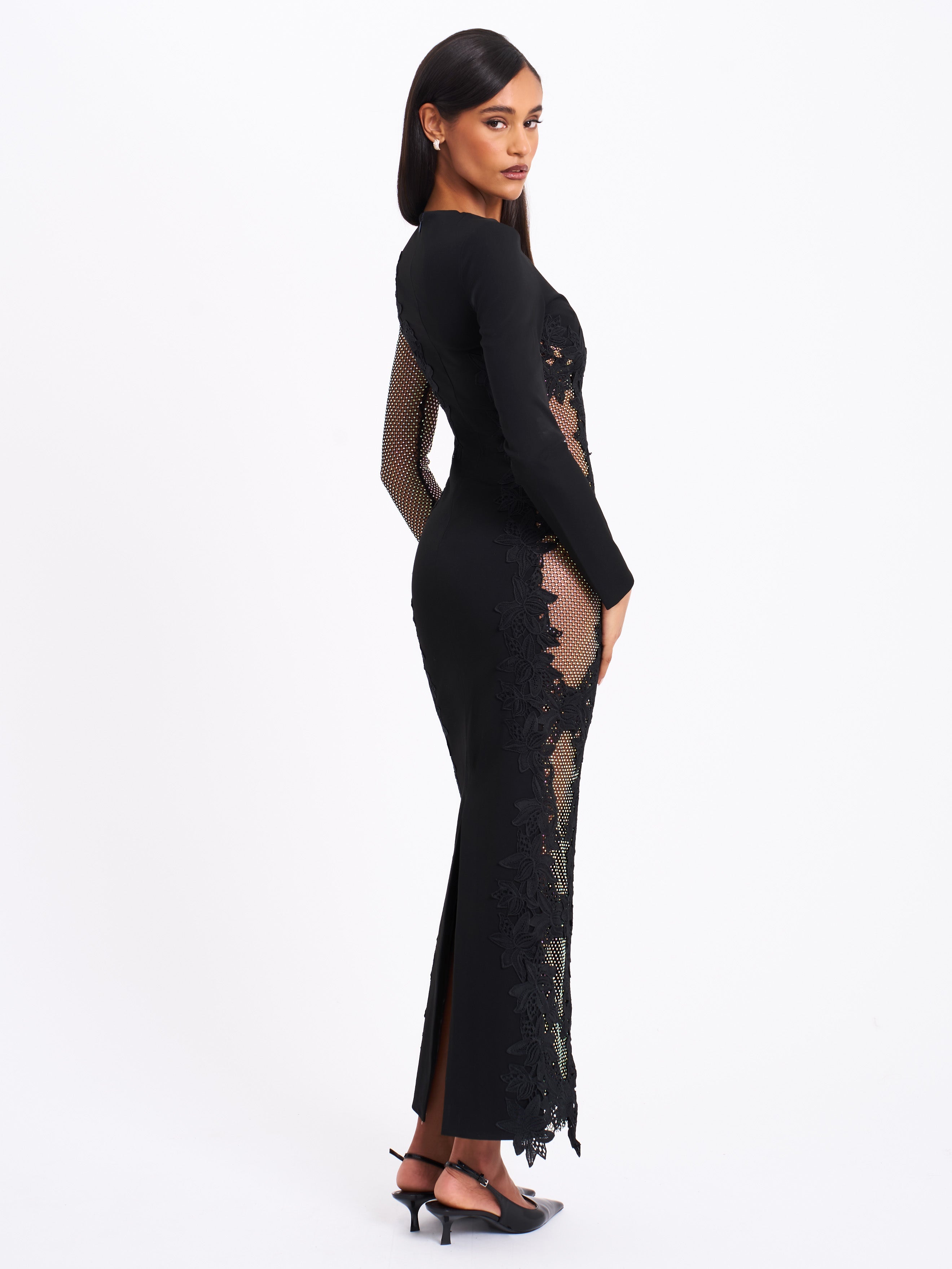 Bailey Lace Trim Crystal Net Cutout Long Sleeve Gown