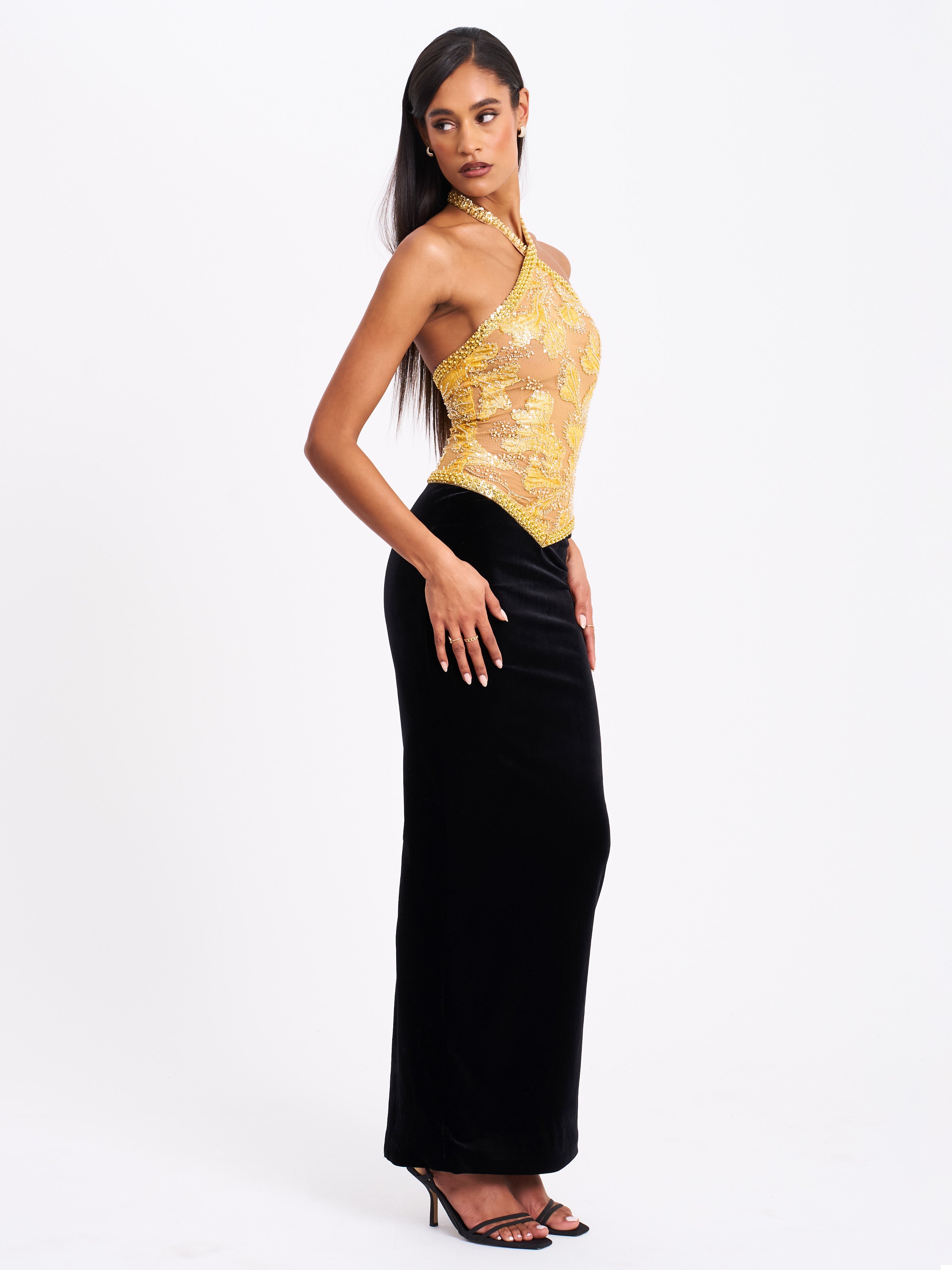 Gazelle Gold Embroidered Vintage Style Maxi Dress